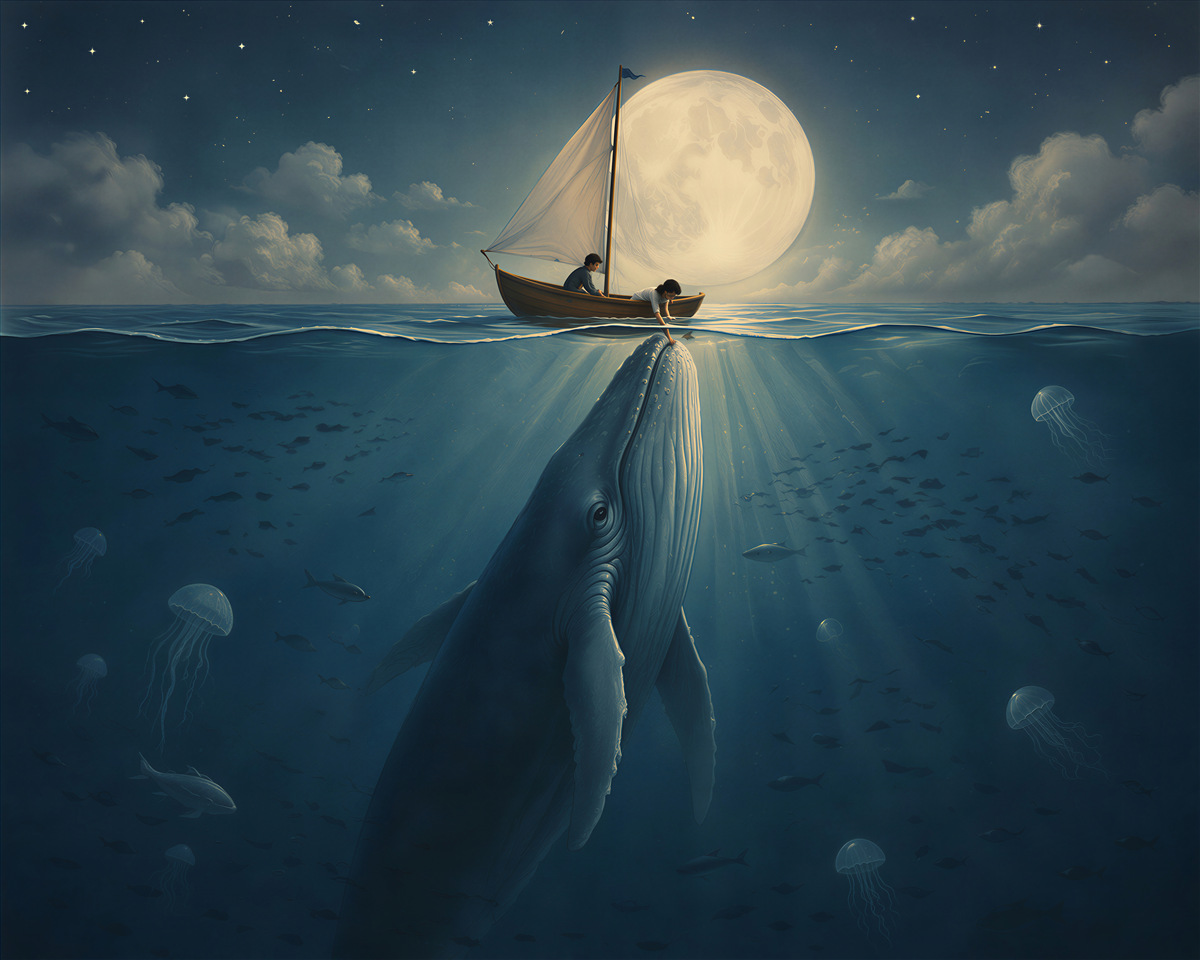 Papier peint baleine lunaire sur l'océan