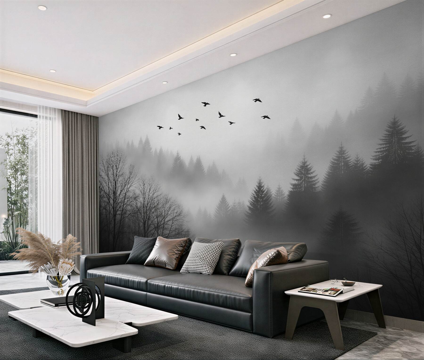 Papier peint forêt brumeuse avec oiseaux