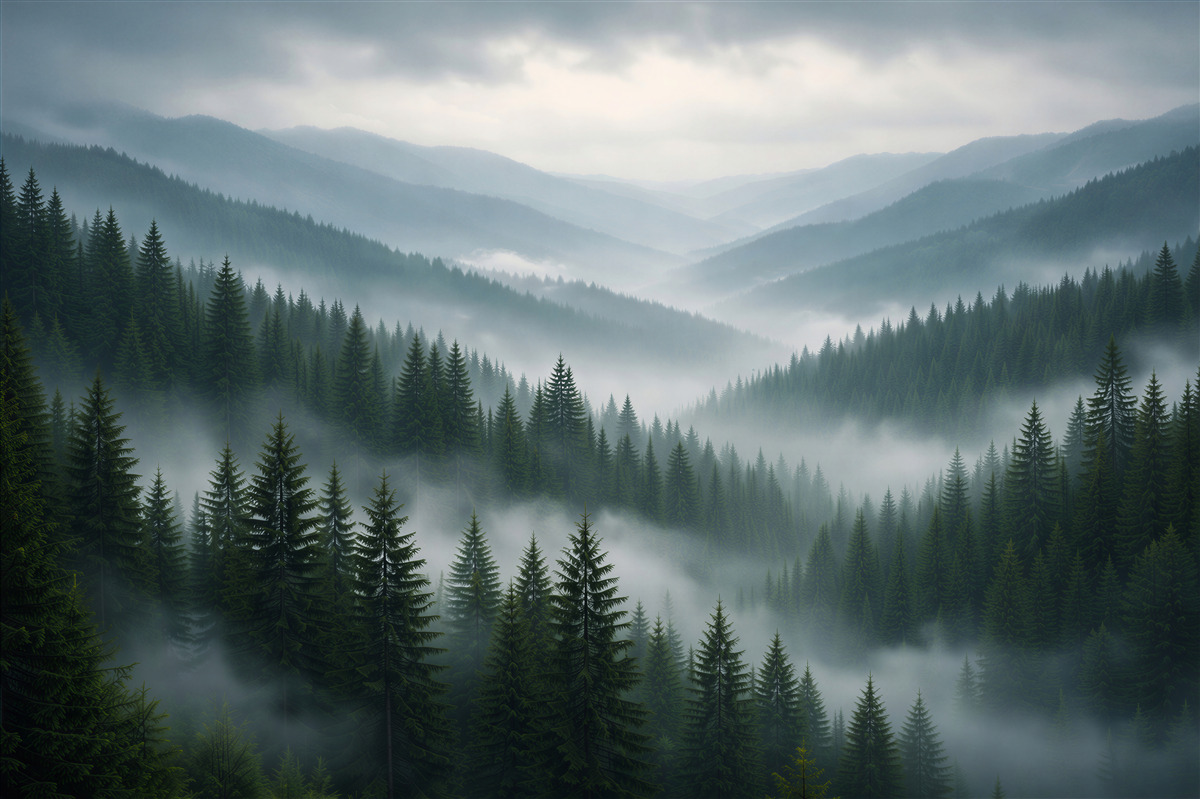Papier peint forêt de montagne brumeuse à l'aube