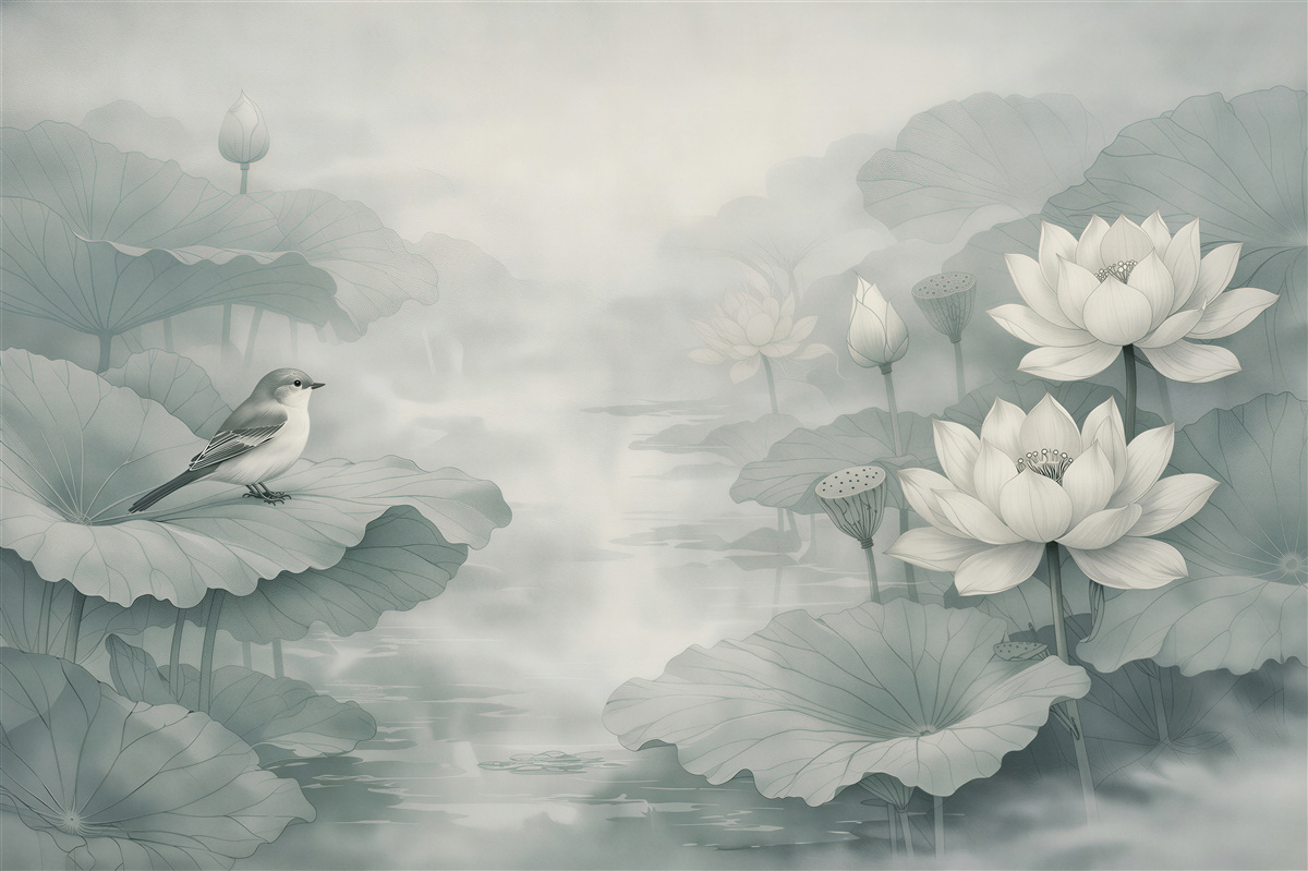 Papier peint lotus et oiseau dans la brume