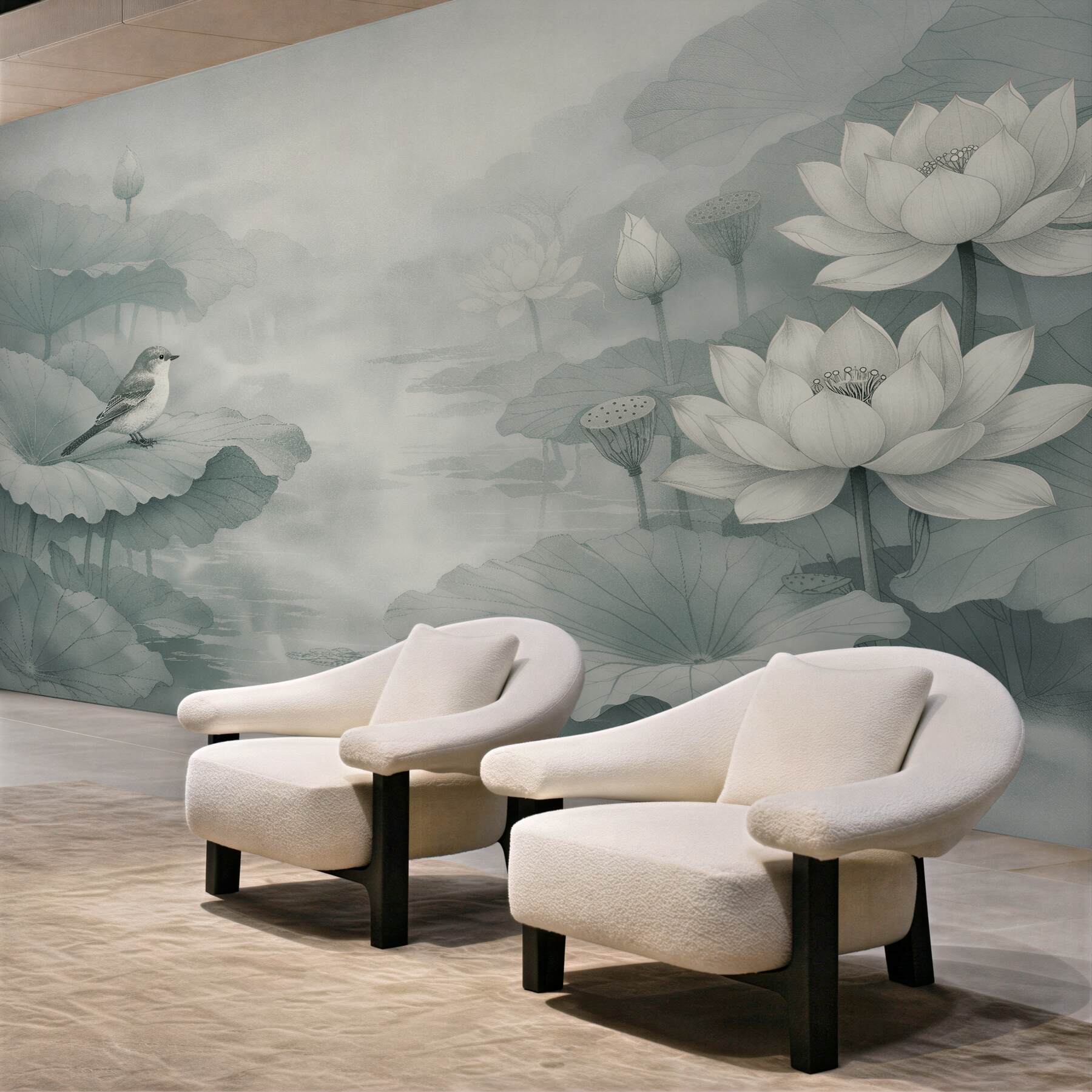 Papier peint lotus et oiseau dans la brume