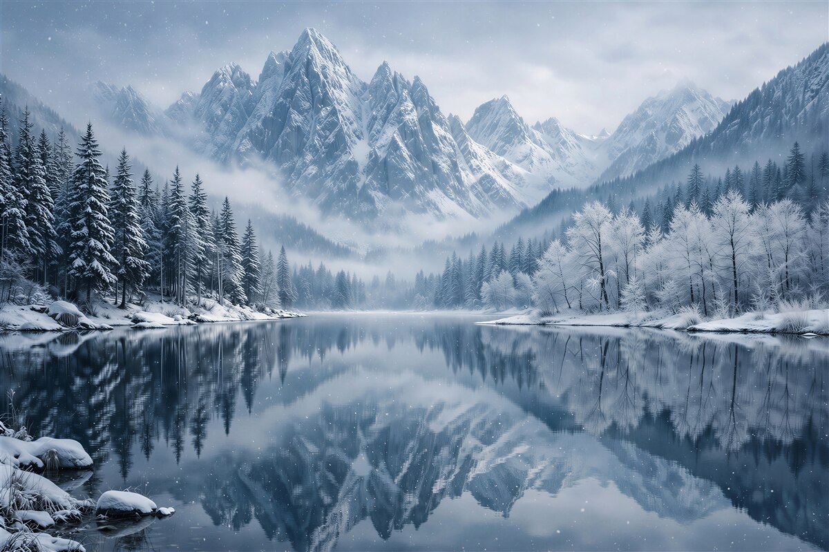 Papier peint lac d'hiver sous des montagnes majestueuses