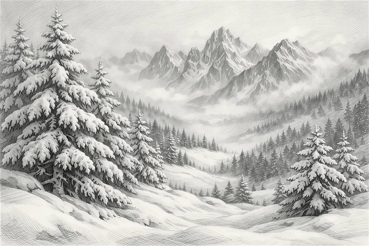 Papier peint esquisse des montagnes d'hiver et des épicéas