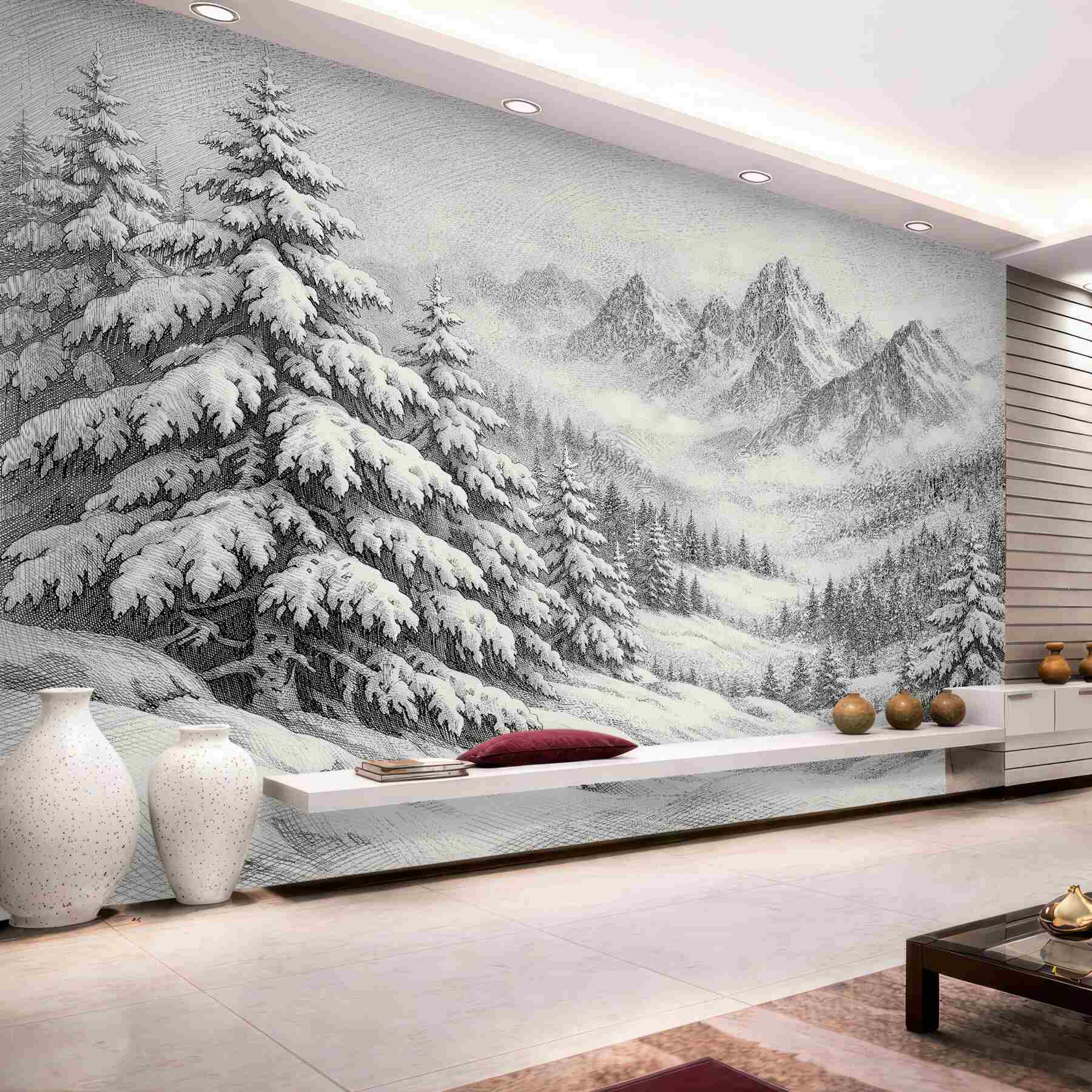 Papier peint esquisse des montagnes d'hiver et des épicéas