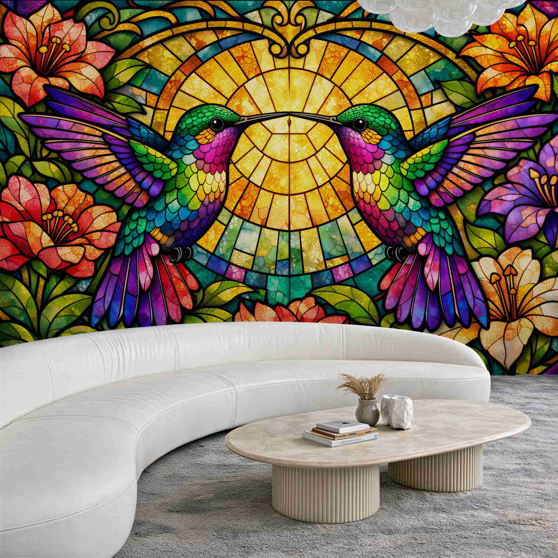 Papier peint colibris en vitrail dans les fleurs