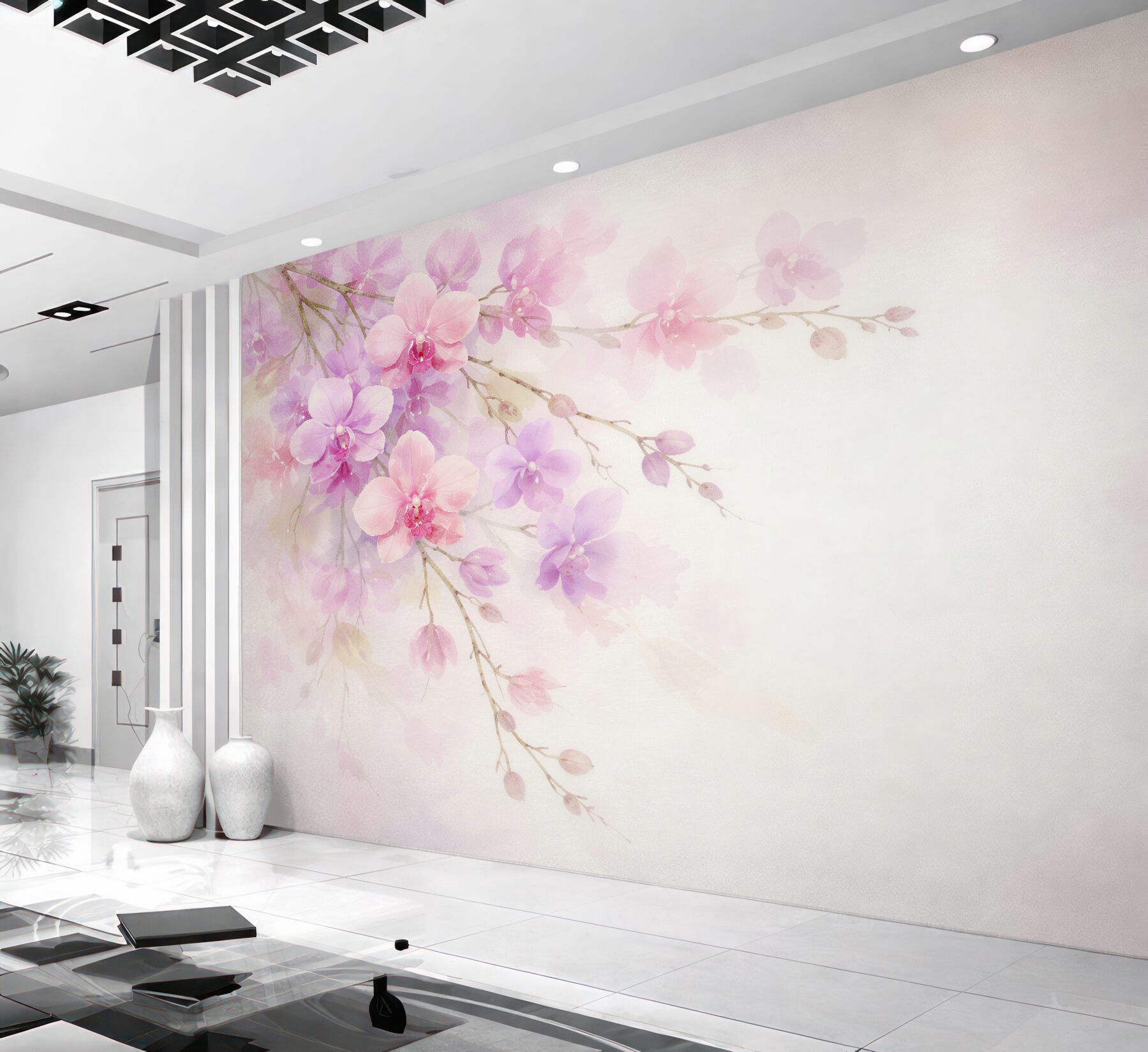 Papier peint branche de phalaenopsis pastel