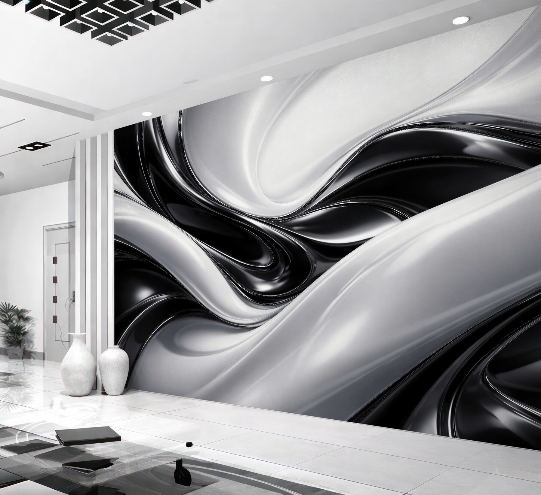 Papier peint abstraction fluide en noir et blanc