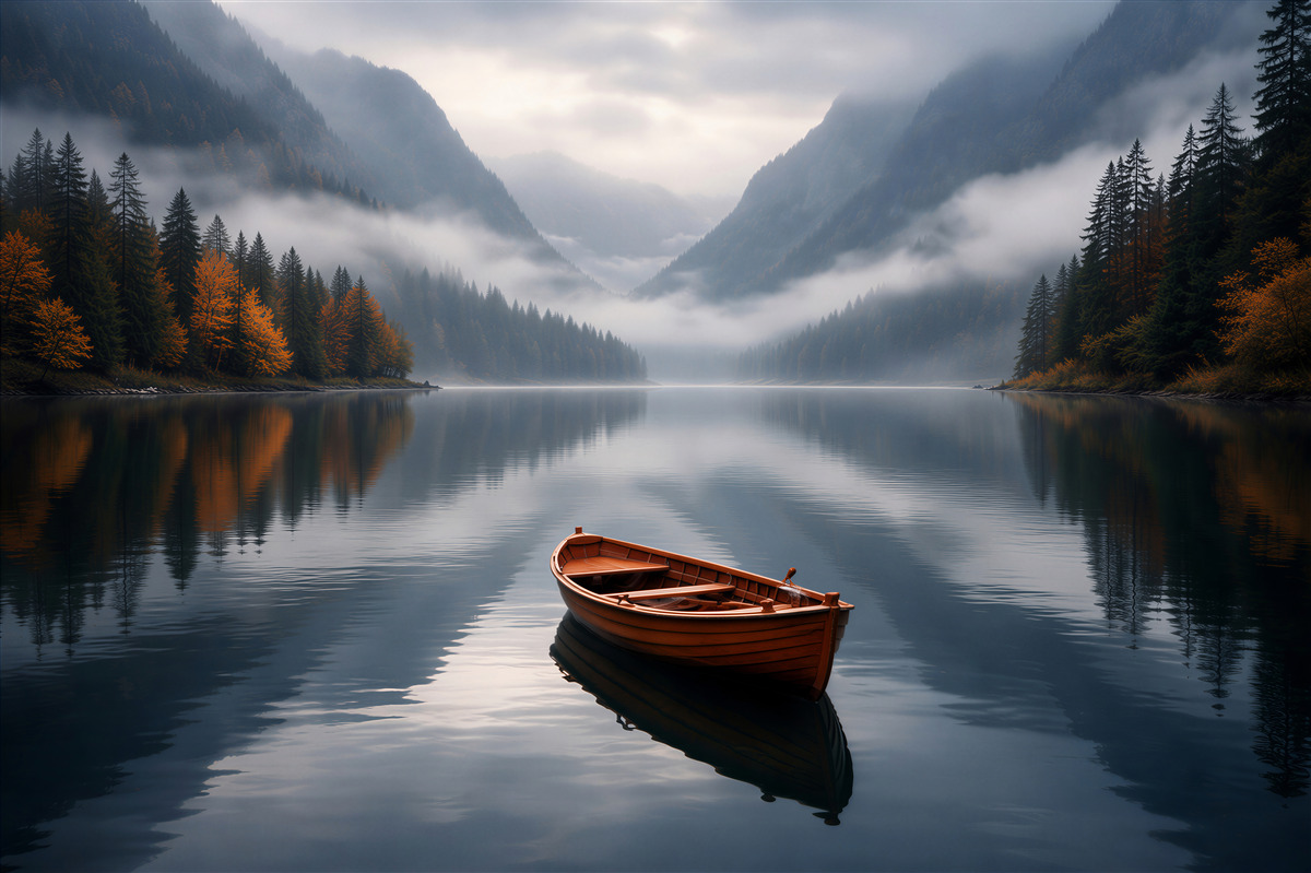 Papier peint barque solitaire sur le lac de montagne