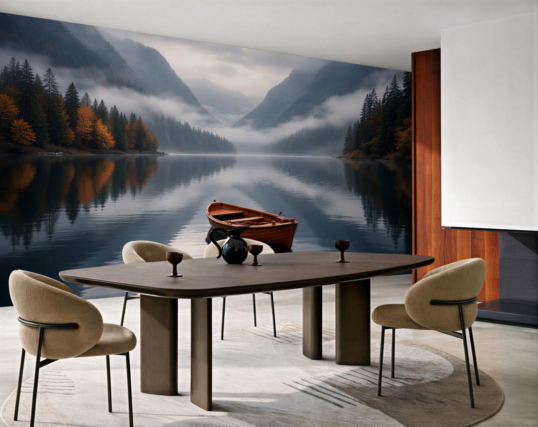 Papier peint barque solitaire sur le lac de montagne
