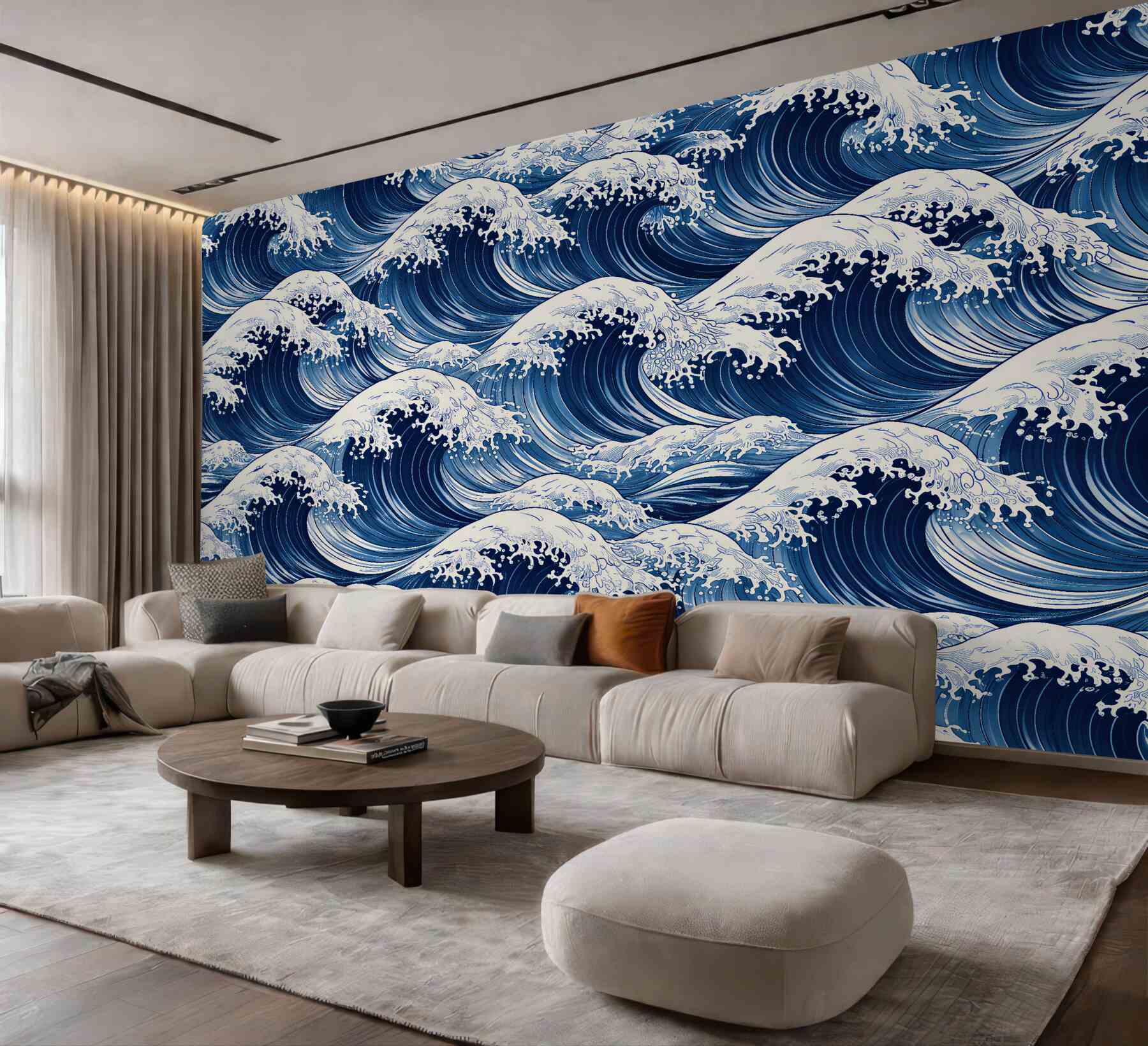 Papier peint vagues bleu marine dans le style japonais