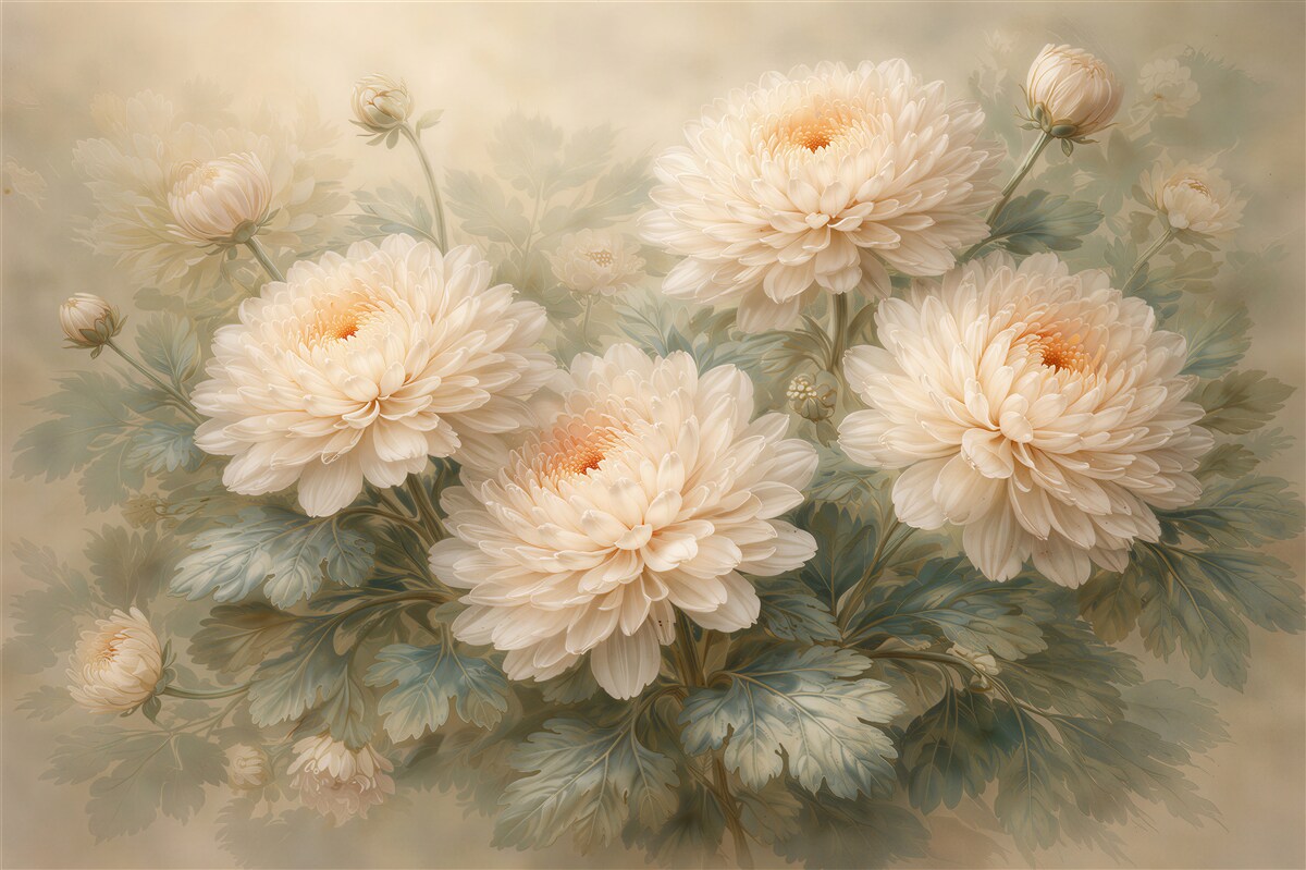 Papier peint chrysanthèmes crème dans une douce brume