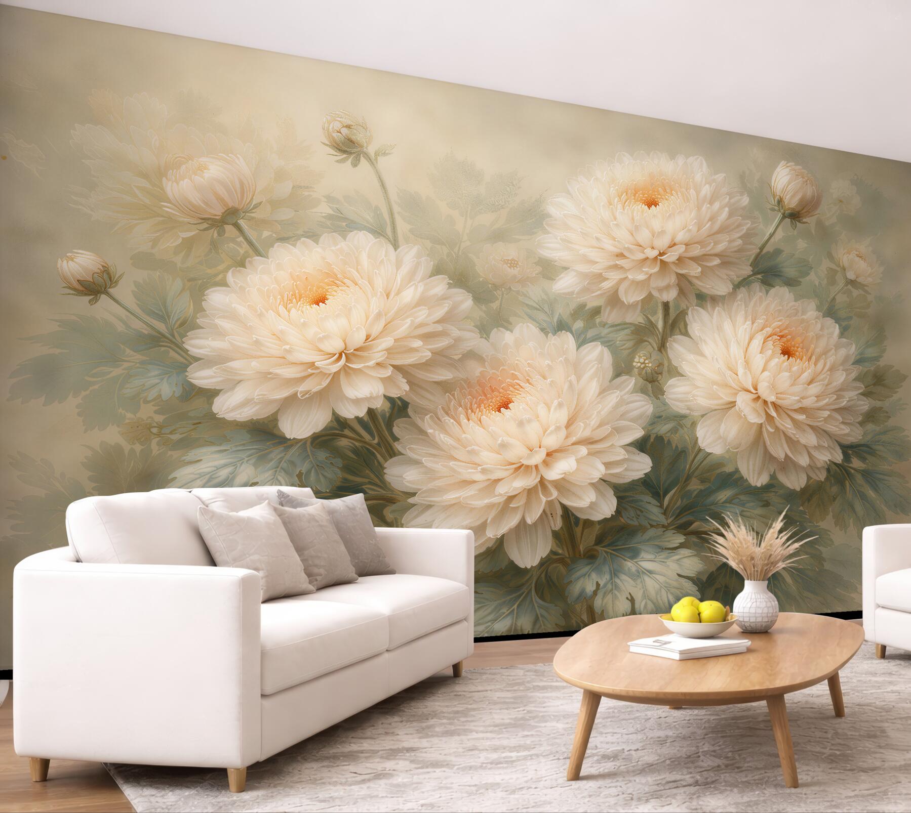Papier peint chrysanthèmes crème dans une douce brume
