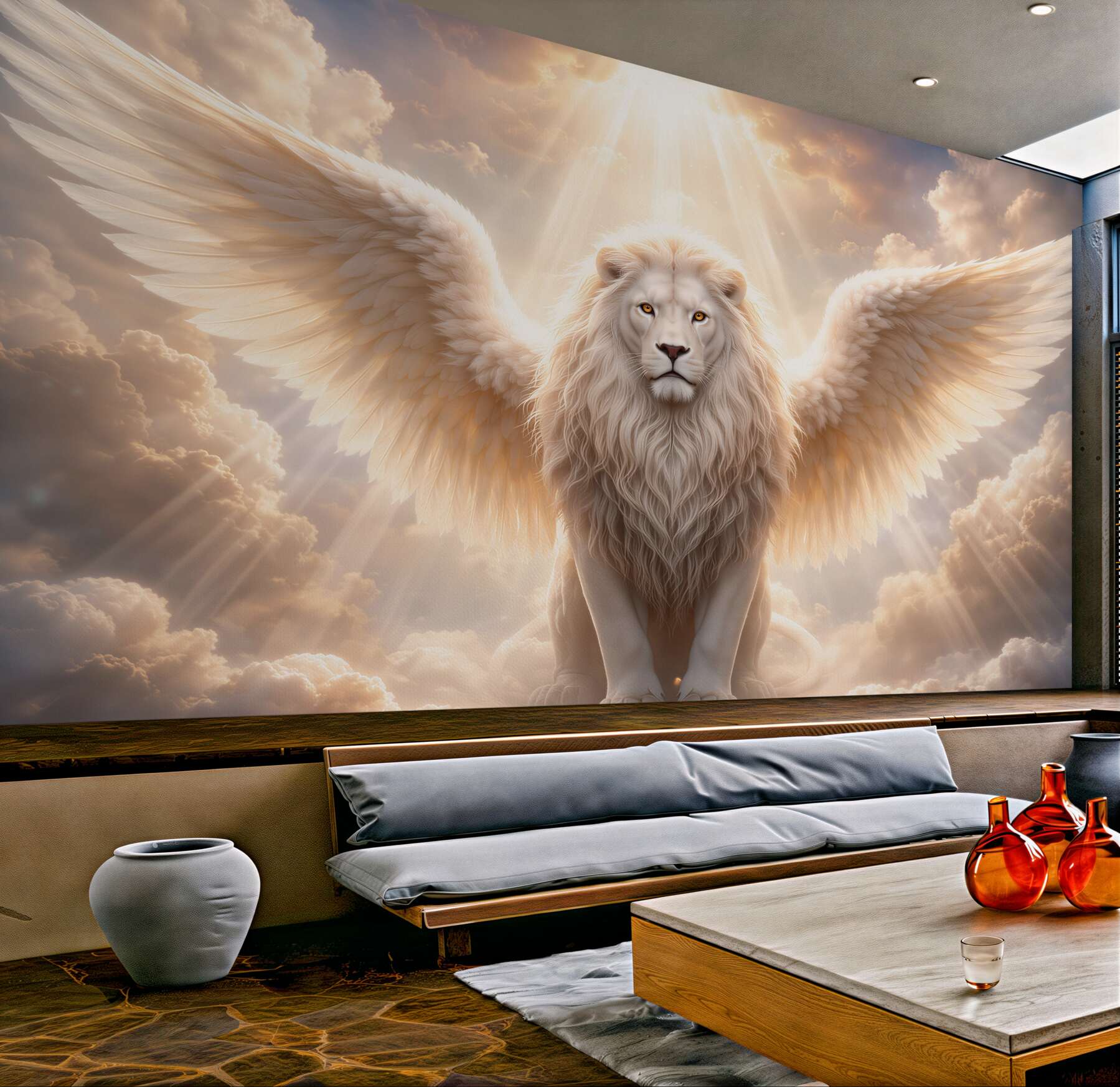 Papier peint lion angélique dans des nuages lumineux