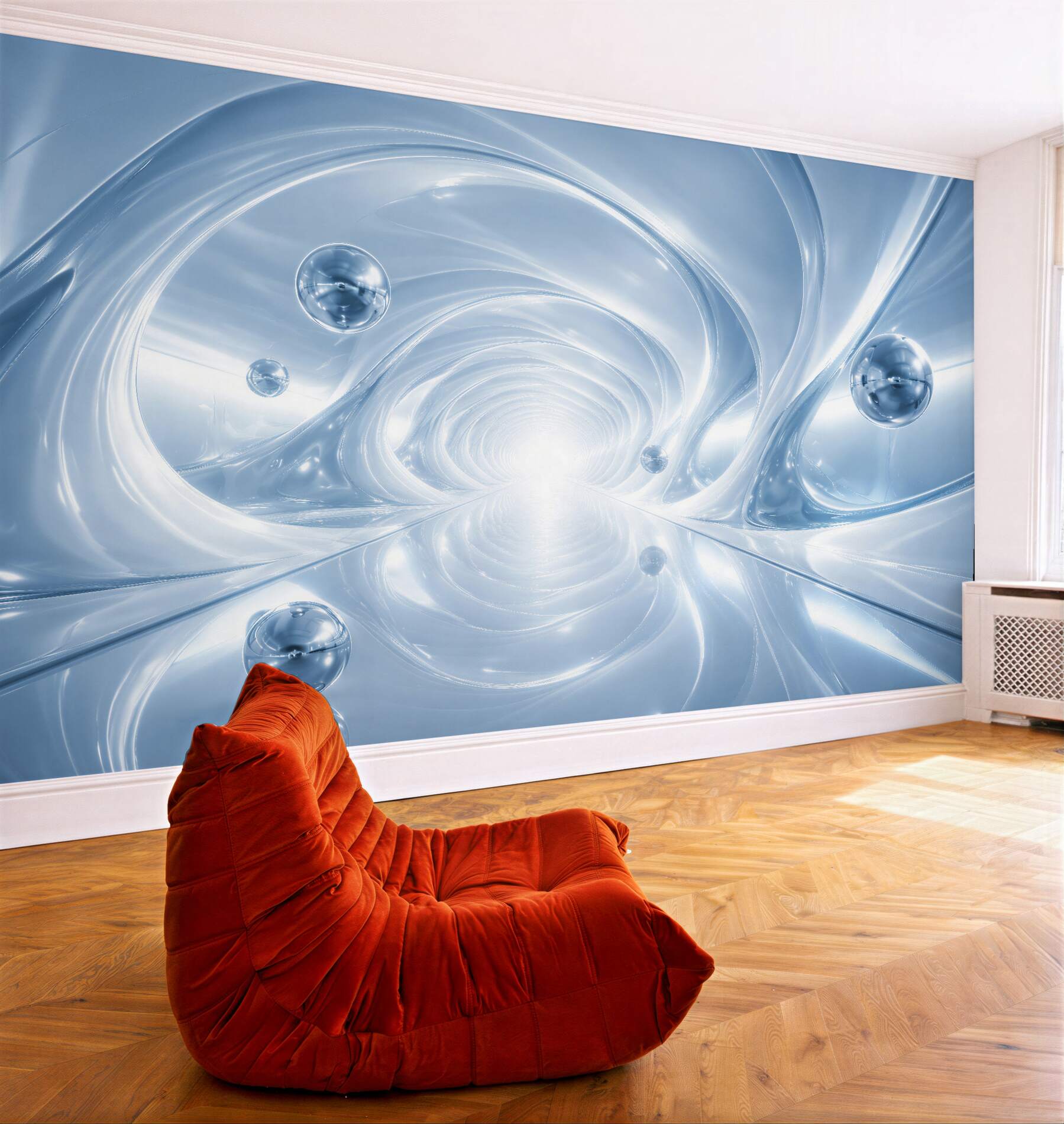 Papier peint tunnel futuriste bleu avec des sphères