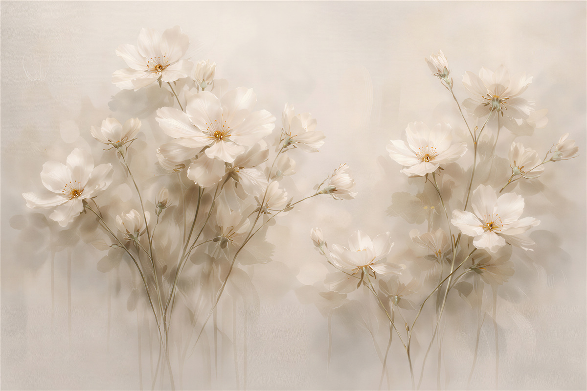 Papier peint fleurs crème dans une brume délicate