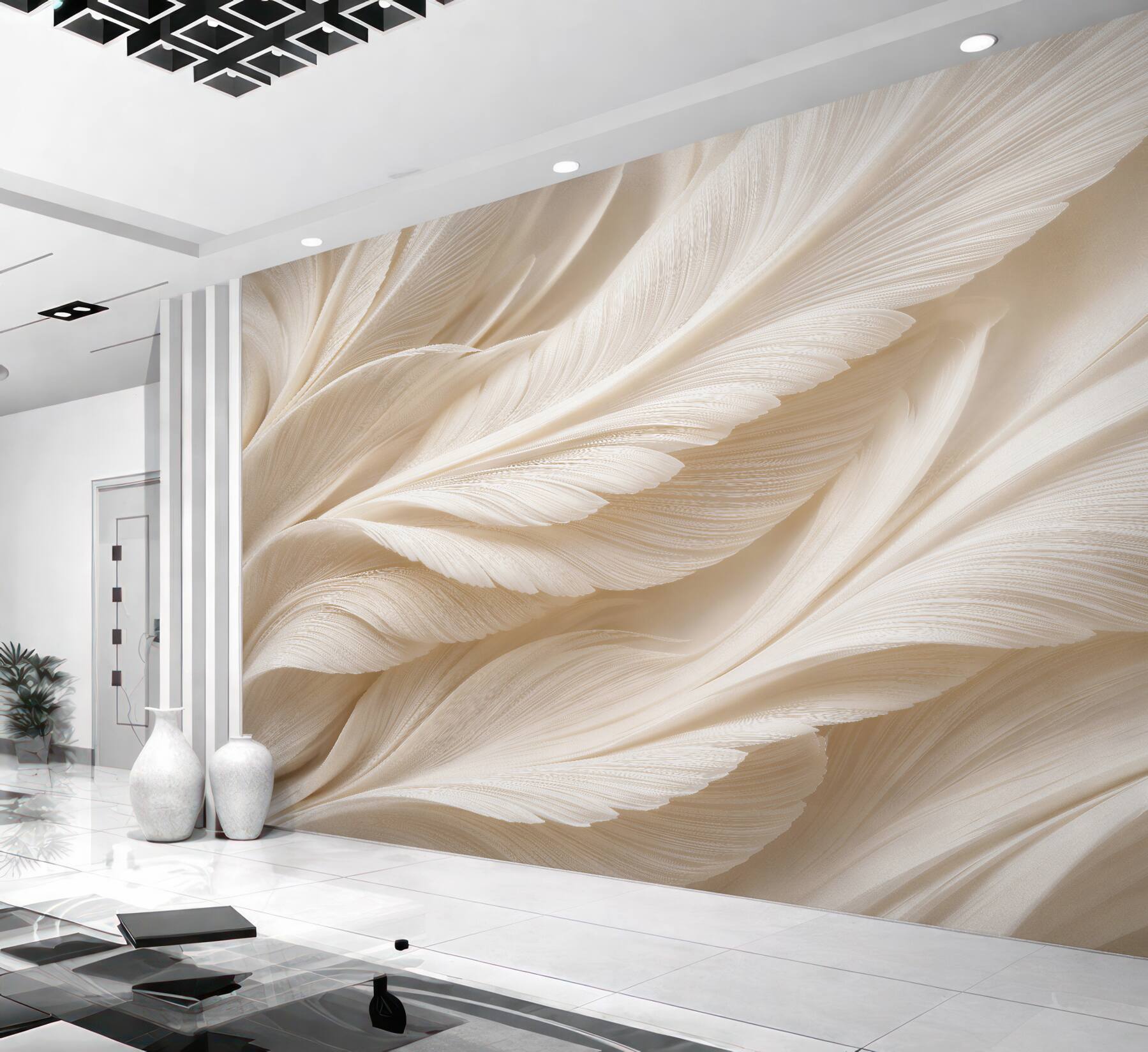 Papier peint plumes crème en mouvement doux