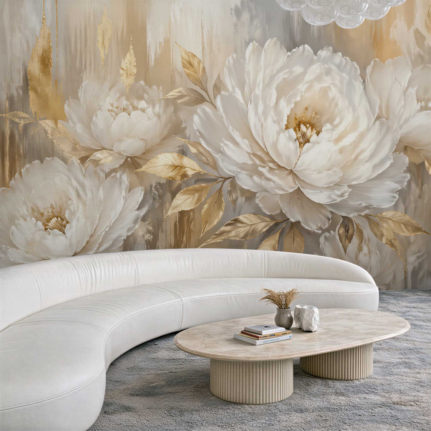 Papier peint pivoines dorées dans une élégante lueur