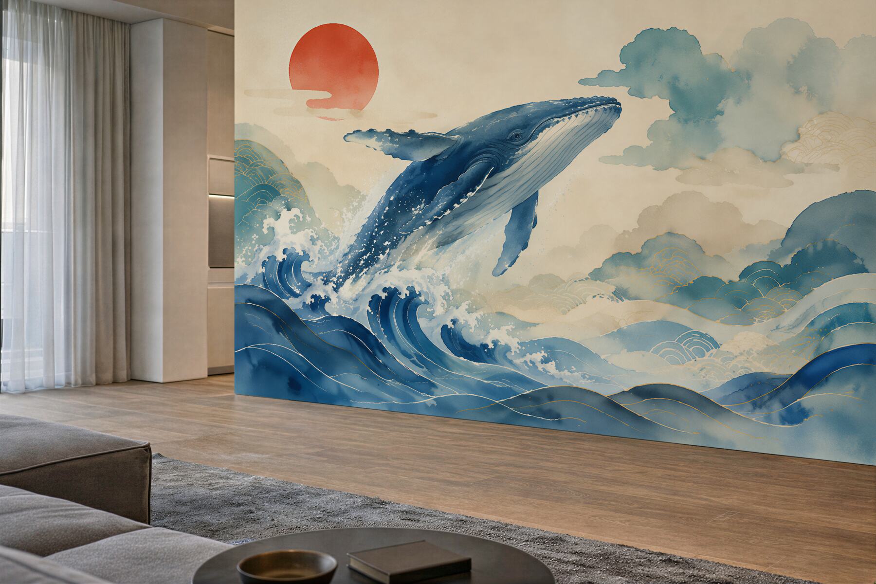 Papier peint baleine au-dessus des vagues à l'aube
