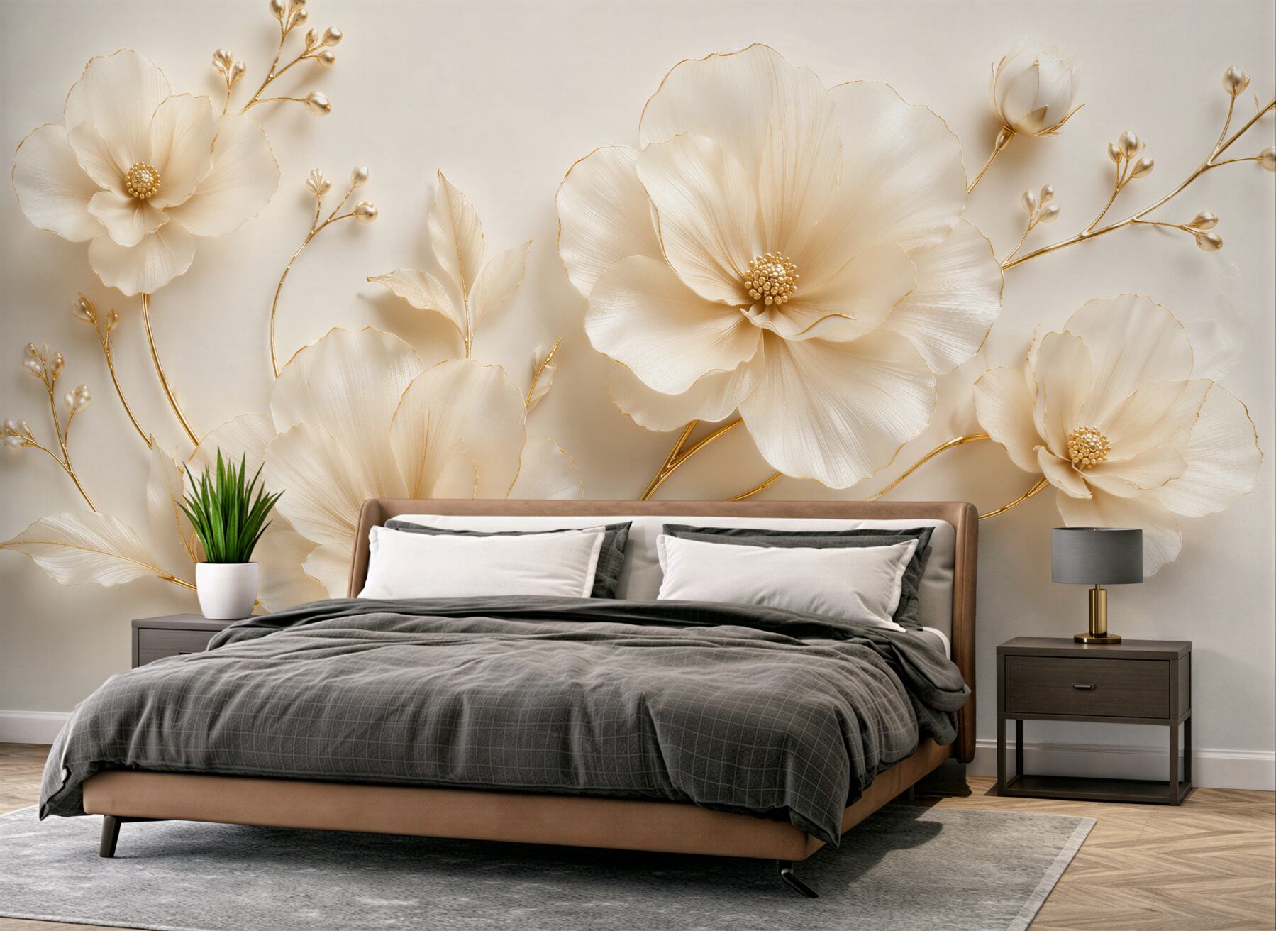 Papier peint fleurs crémeuses avec ligne dorée