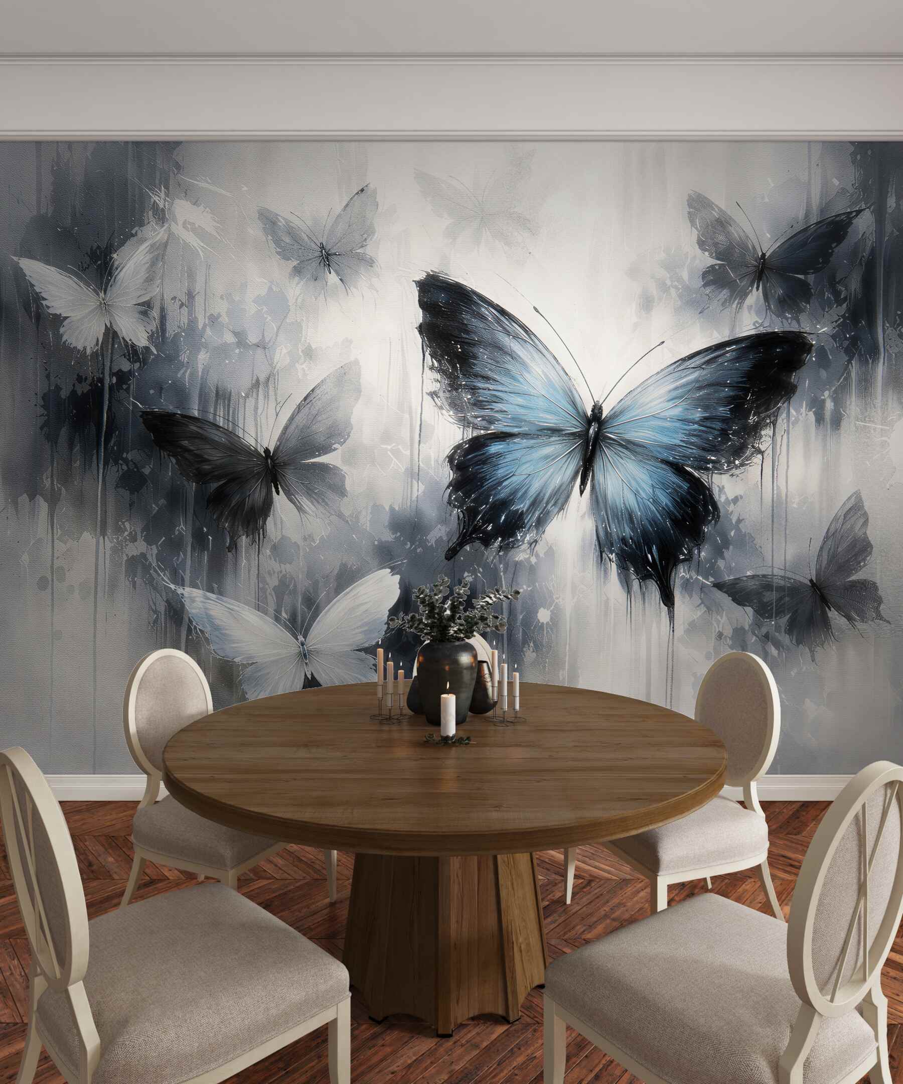Papier peint papillons bleus dans une brume artistique