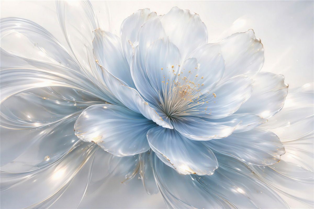 Papier peint fleur bleue éthérée avec or