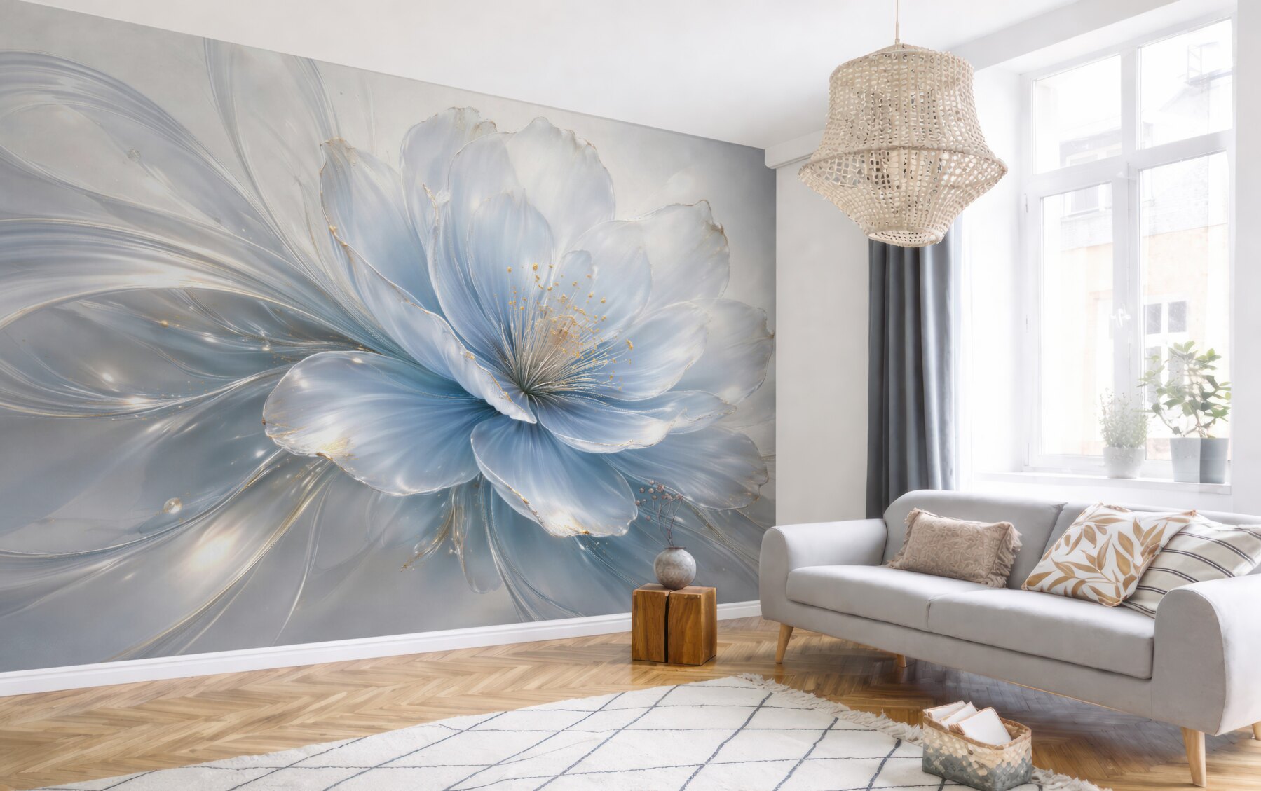 Papier peint fleur bleue éthérée avec or