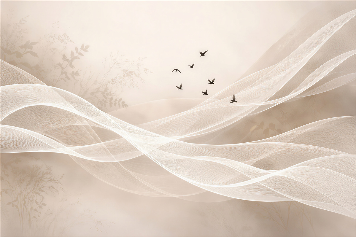 Papier peint vagues beiges avec des oiseaux
