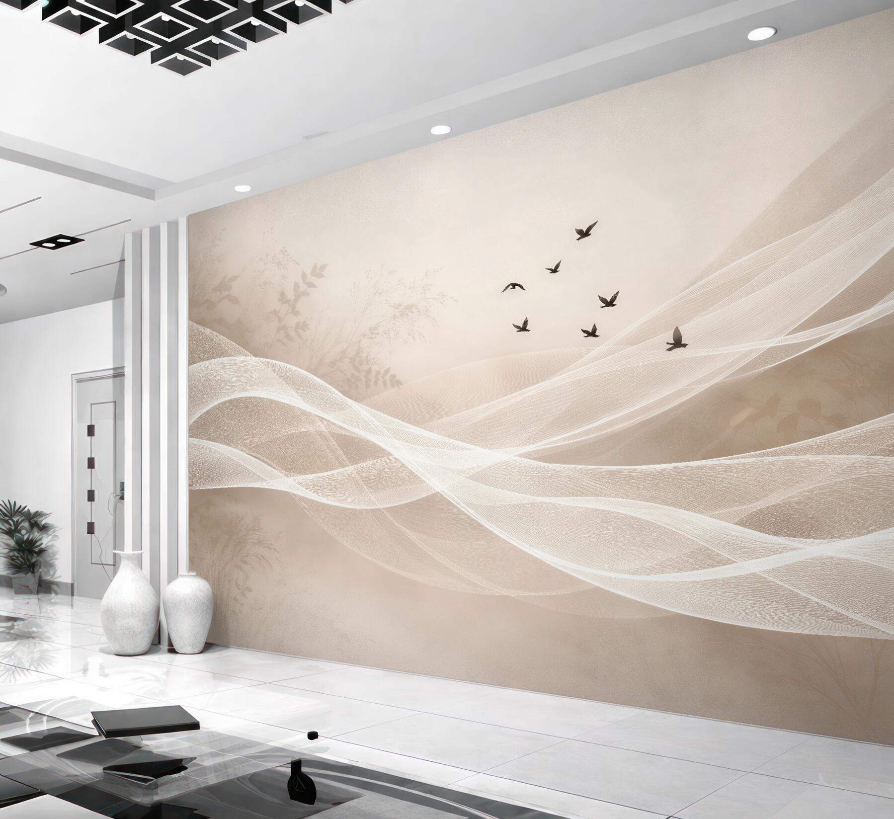 Papier peint vagues beiges avec des oiseaux