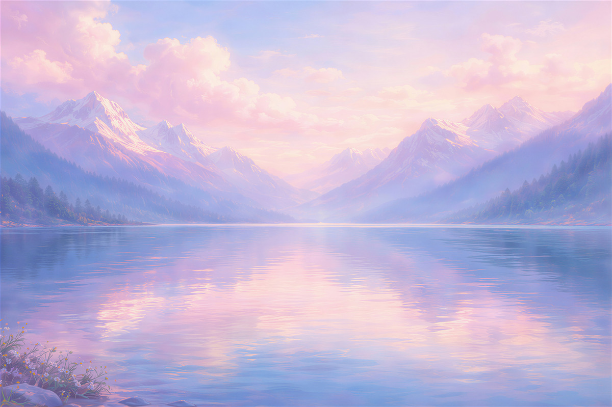 Papier peint montagnes pastel au bord du lac