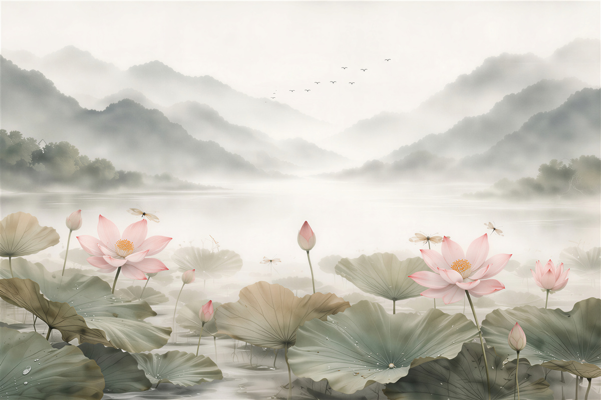 Papier peint lotus au-dessus du lac brumeux