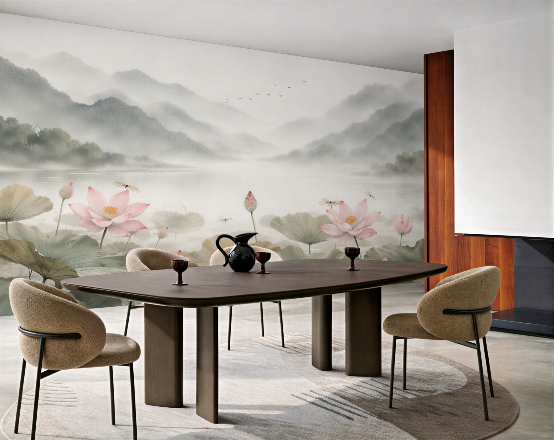 Papier peint lotus au-dessus du lac brumeux