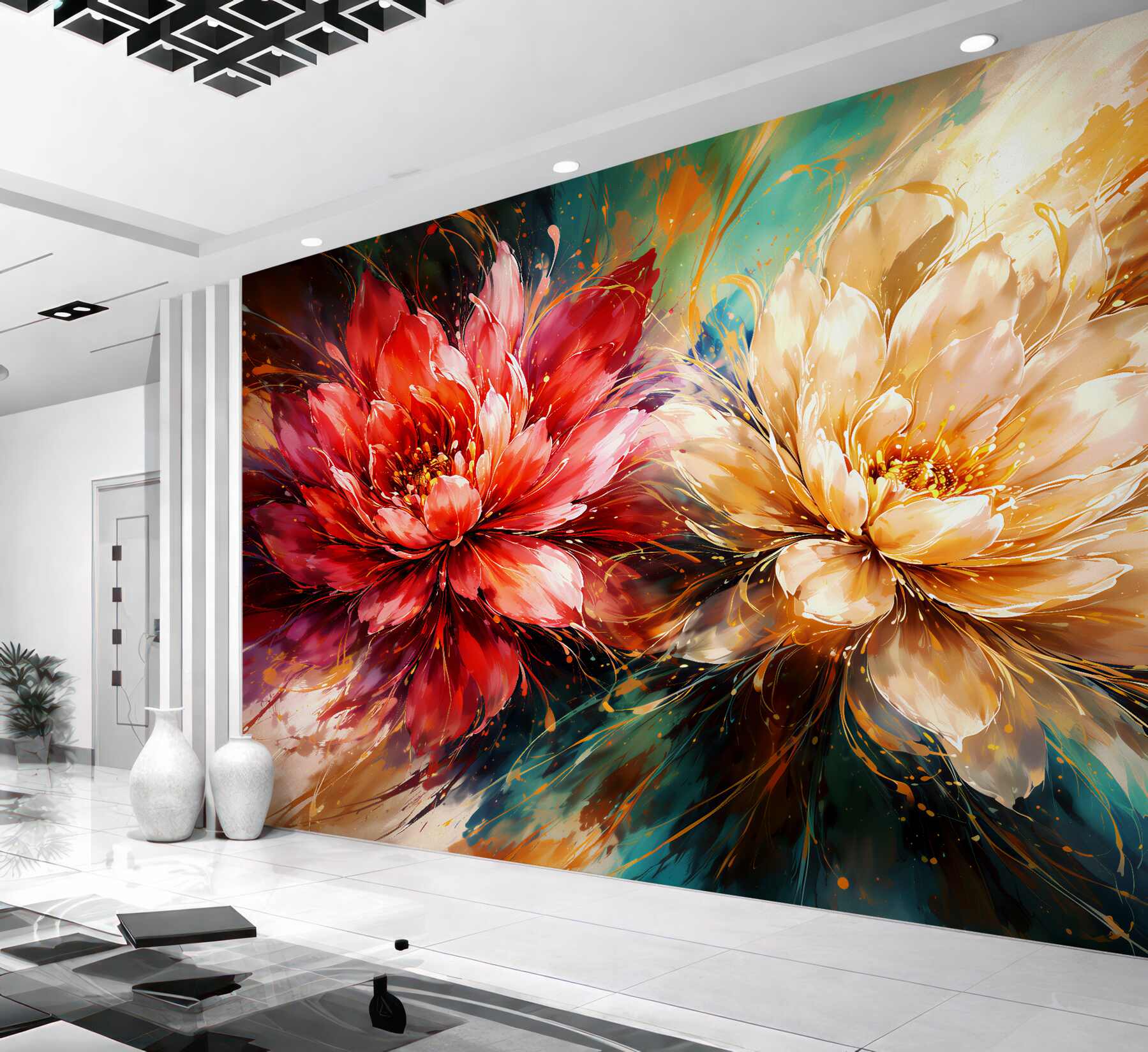 Papier peint fleurs expressives en abstraction