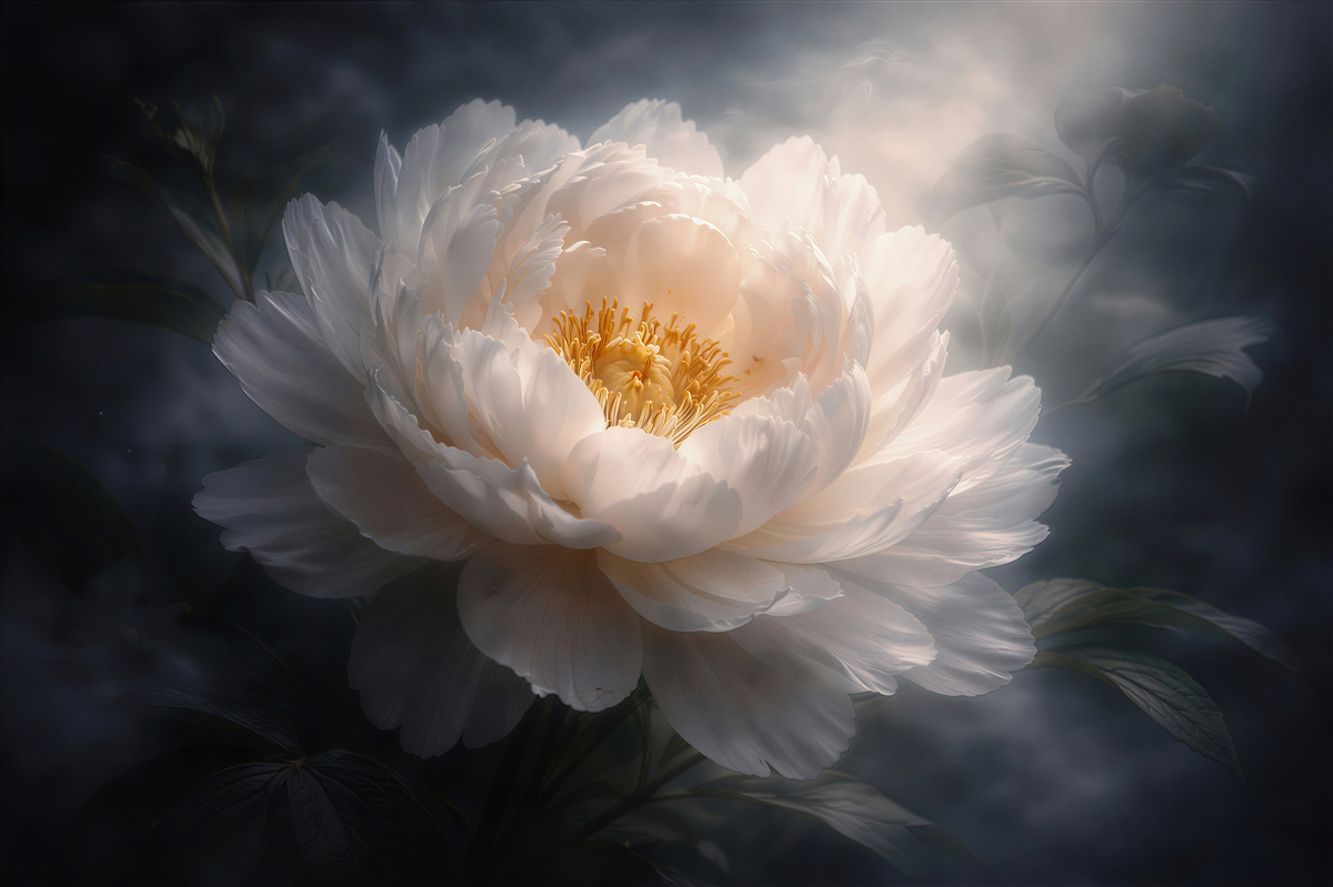 Papier peint pivoine blanche dans une lueur sombre