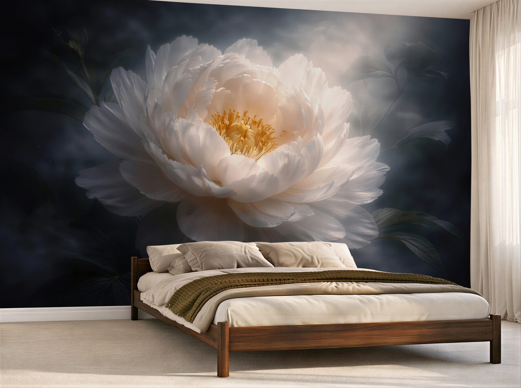 Papier peint pivoine blanche dans une lueur sombre