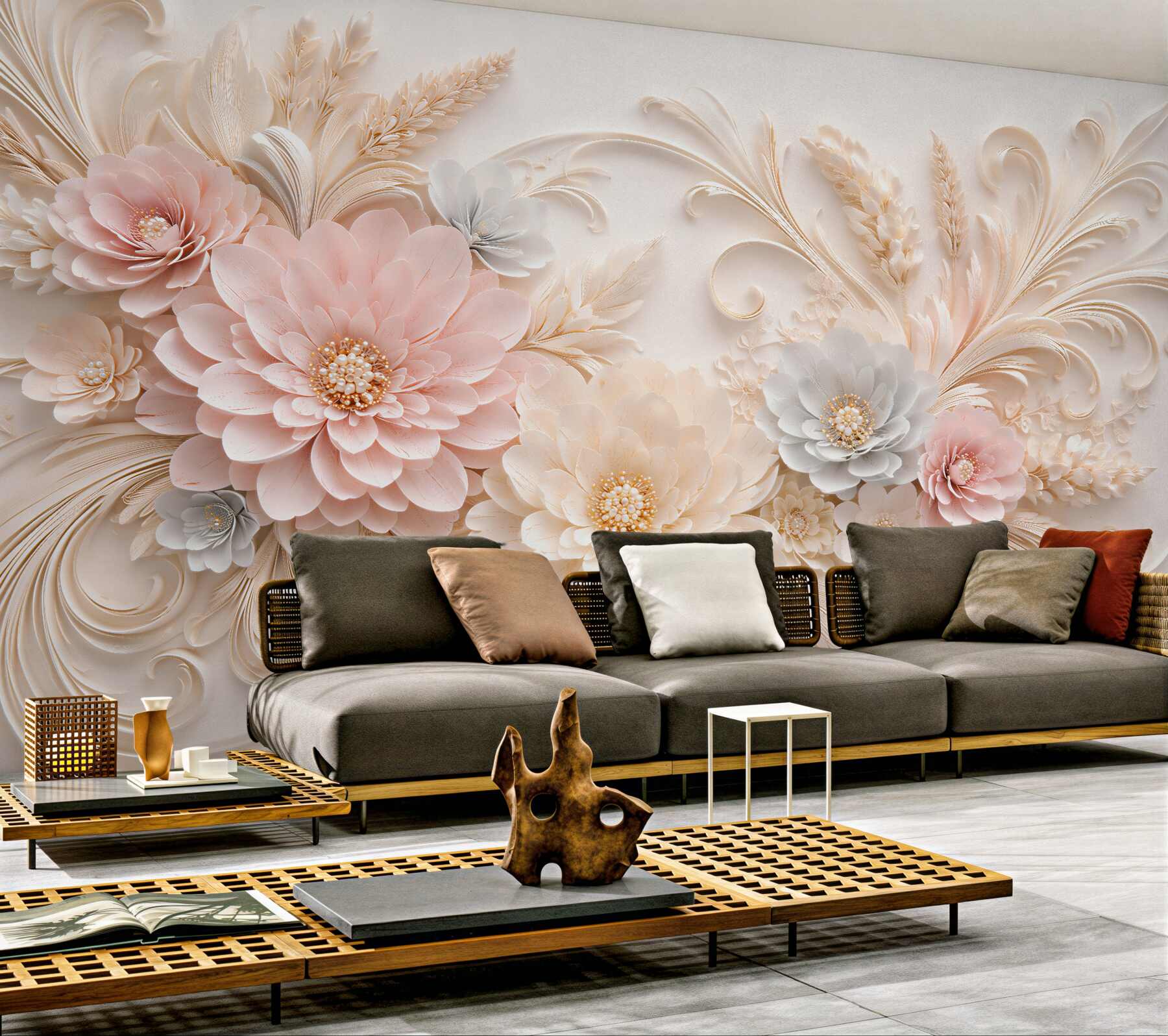 Papier peint fleurs poudrées dans un relief doré