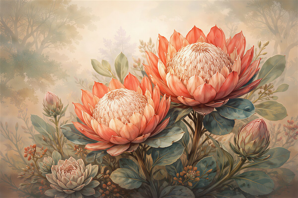 Papier peint protee peintes dans un jardin pastel
