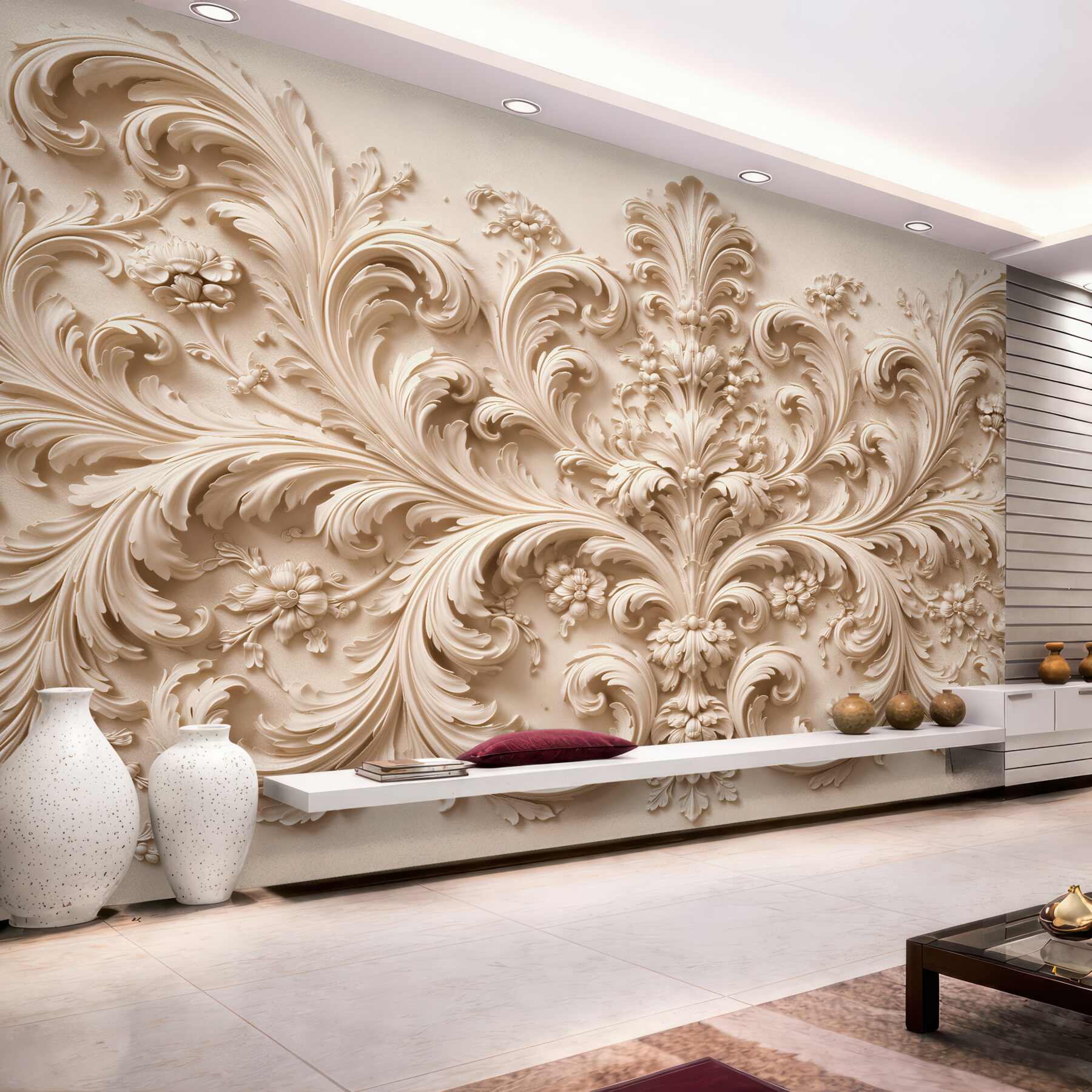 Papier peint ornement baroque en relief crème