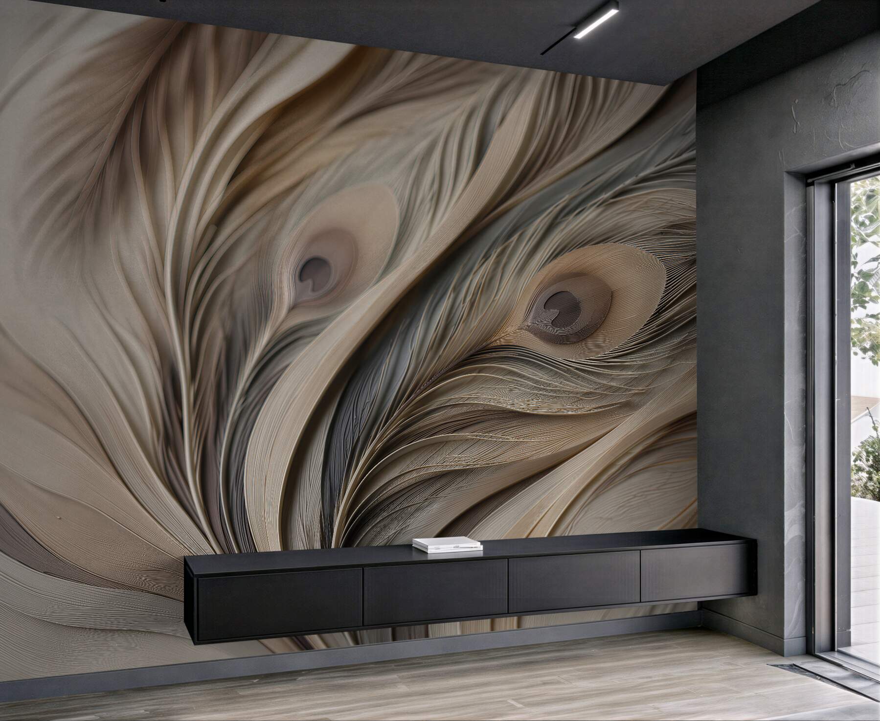 Papier peint plumes abstraites dans une danse beige