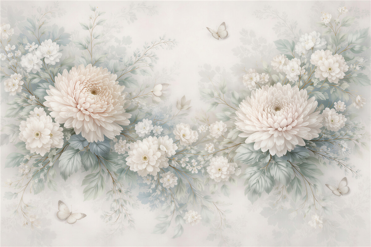 Papier peint chrysanthèmes pastels avec des papillons