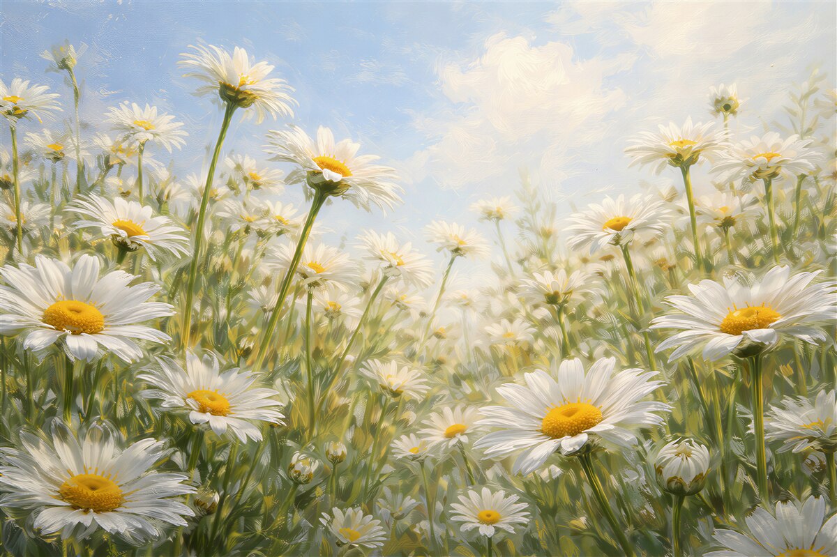 Papier peint marguerites ensoleillées sous un ciel bleu