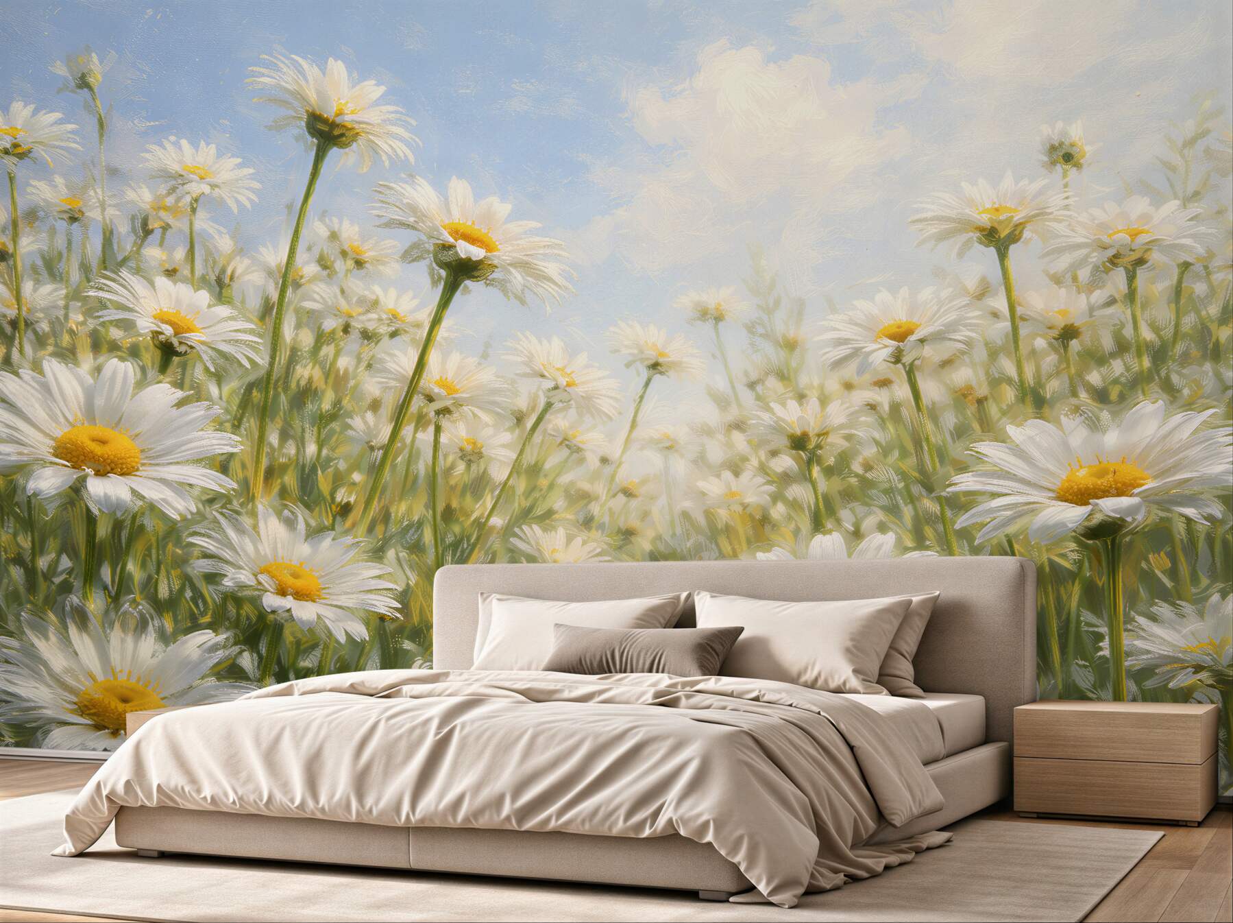 Papier peint marguerites ensoleillées sous un ciel bleu