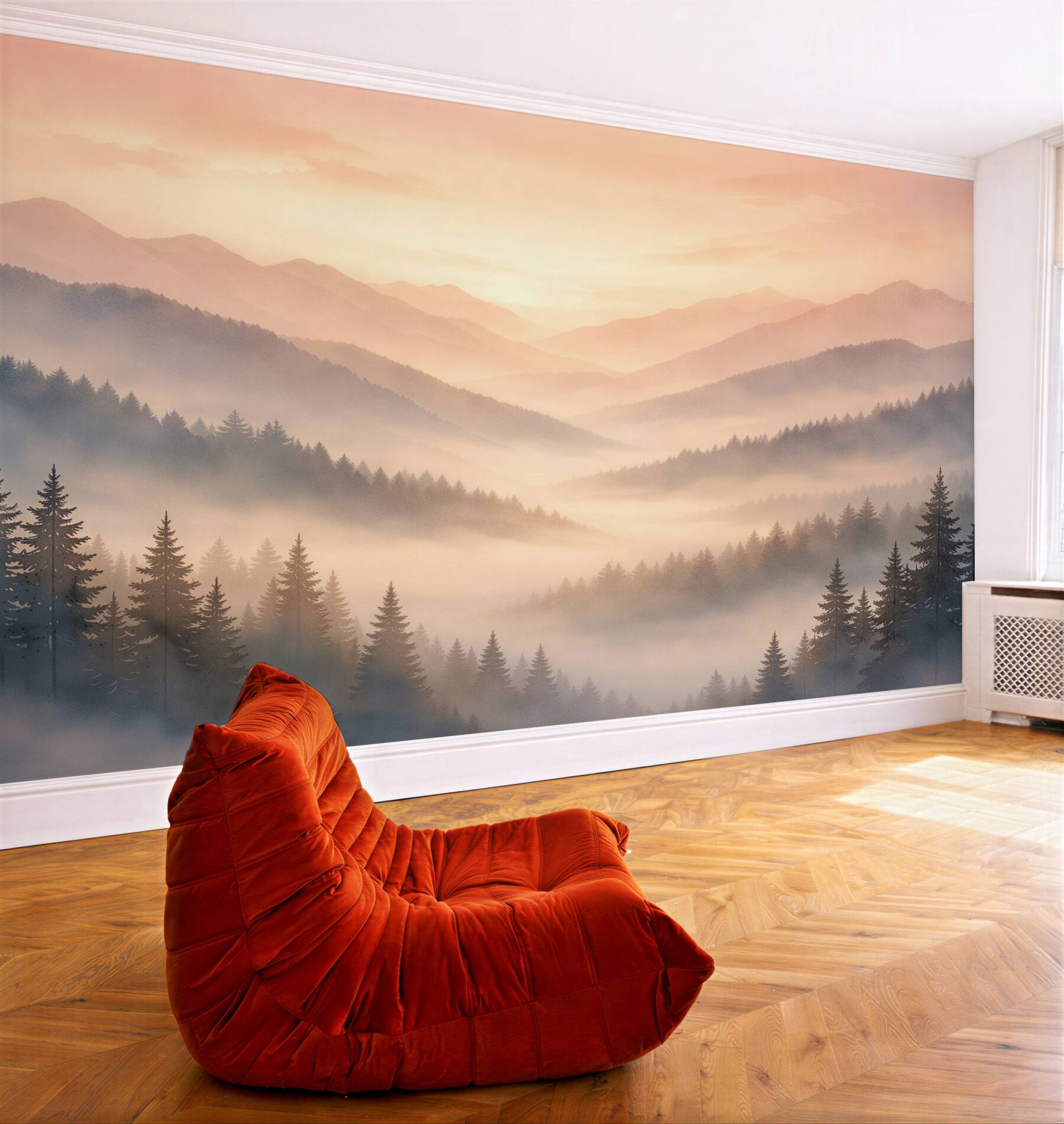 Papier peint matin rose parmi des sommets brumeux