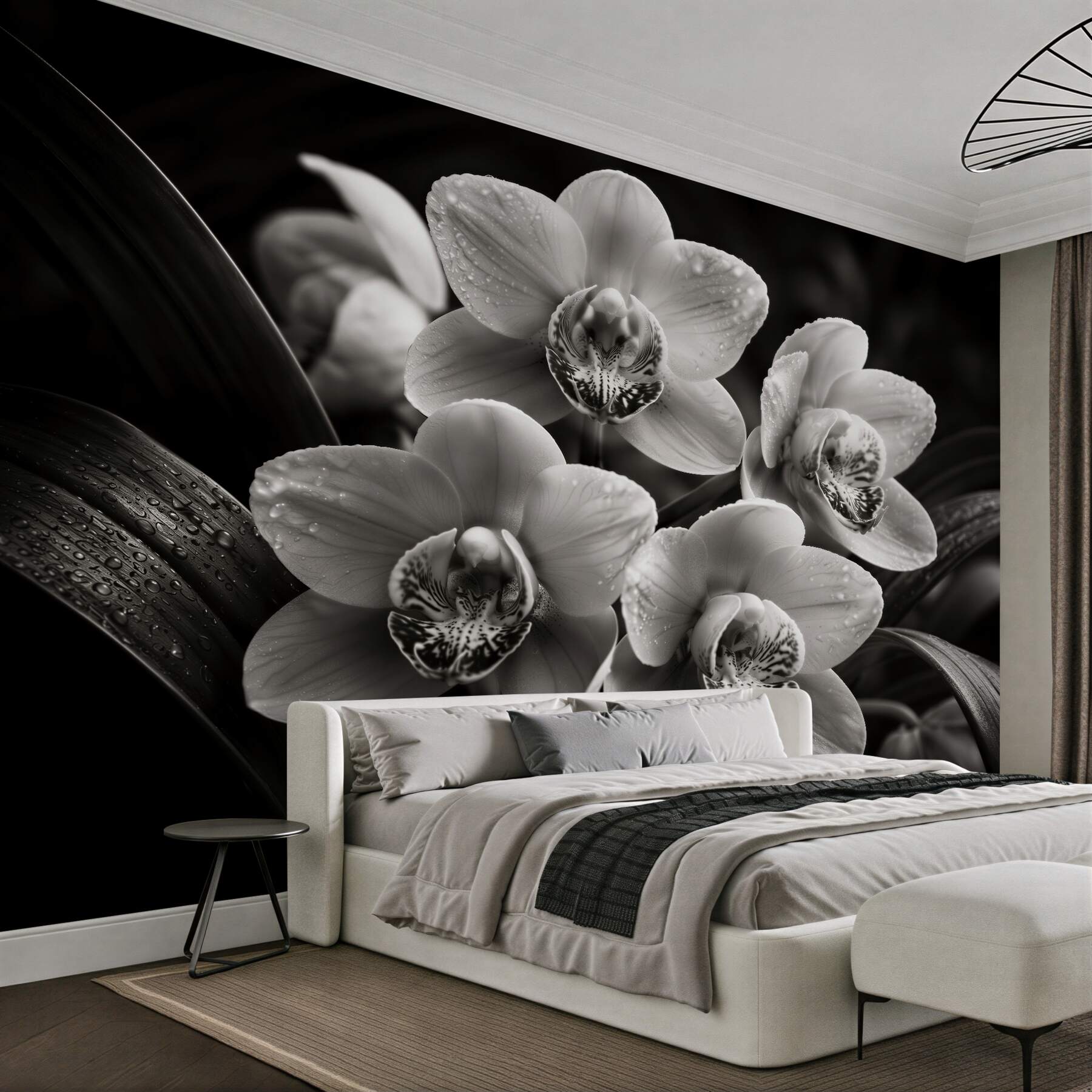 Papier peint orchidées en noir et blanc avec gouttes