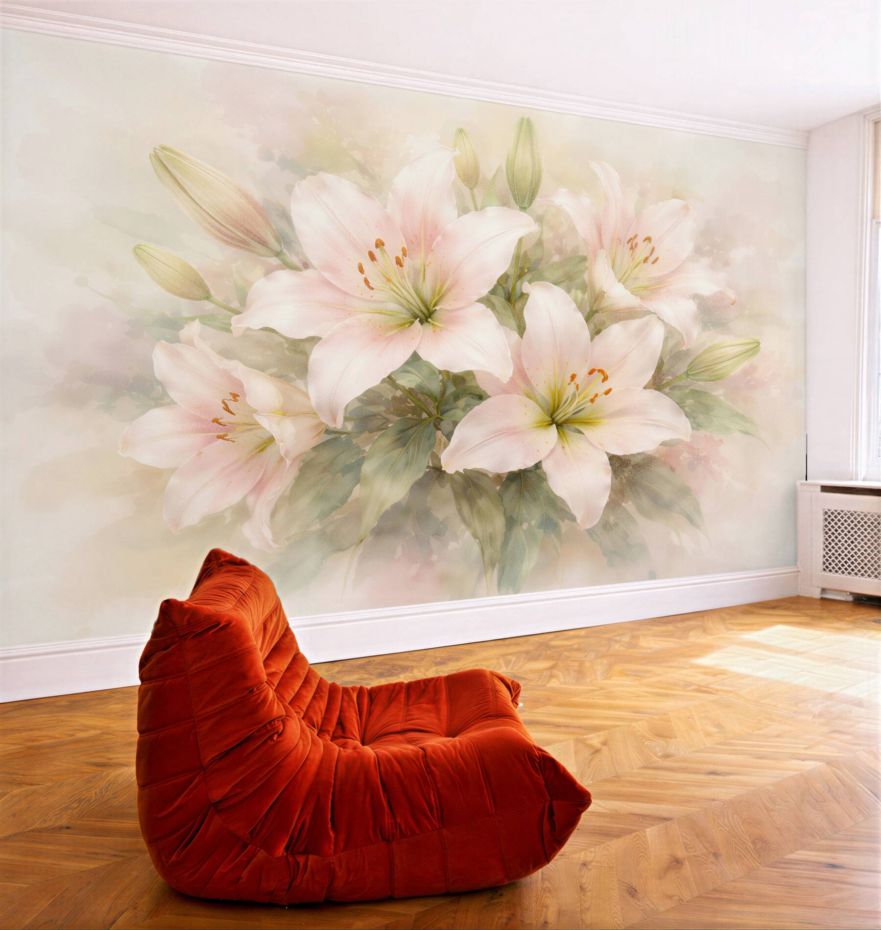 Papier peint lys poudrés dans un bouquet romantique