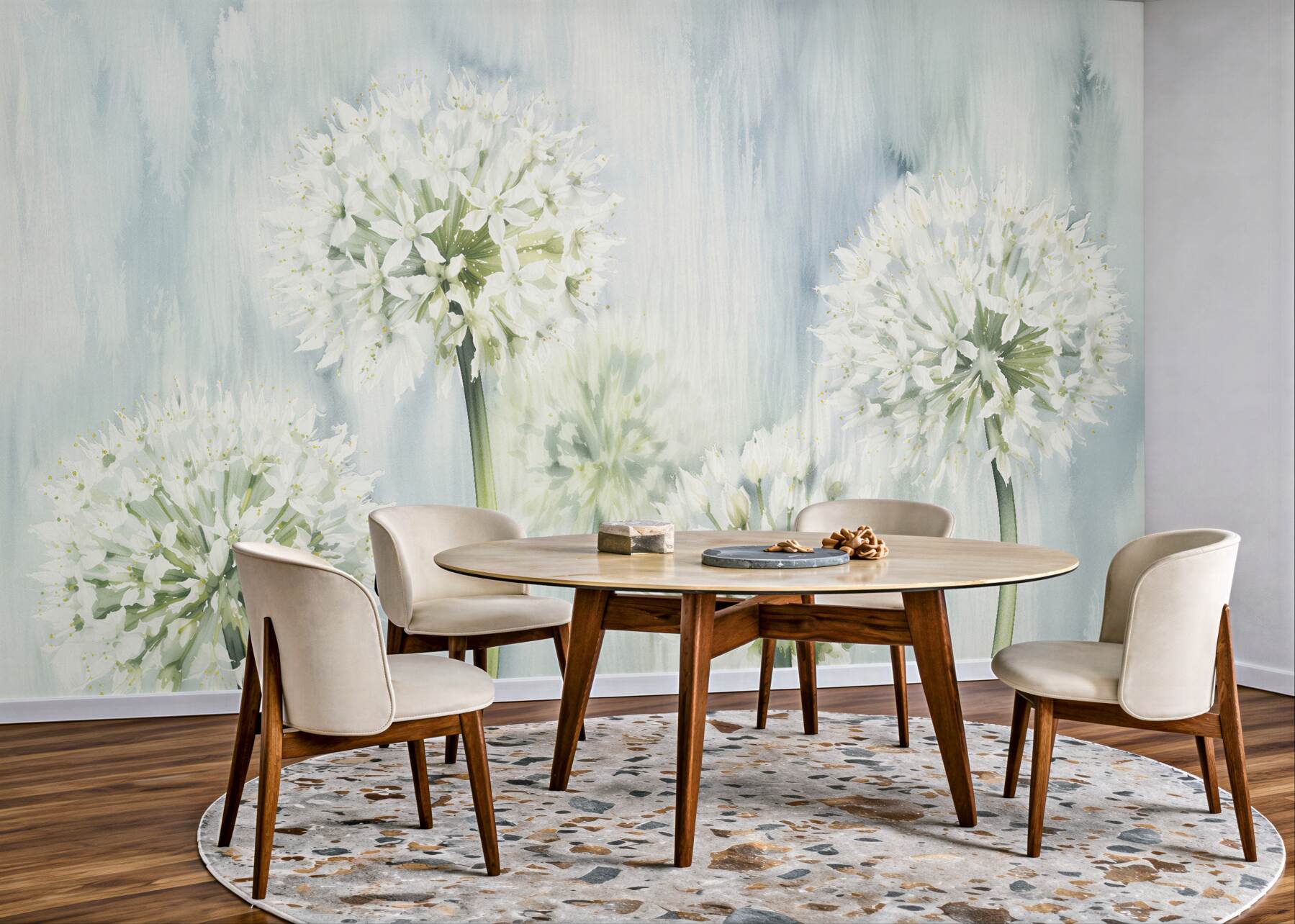 Papier peint fleurs blanches en aquarelle bleue