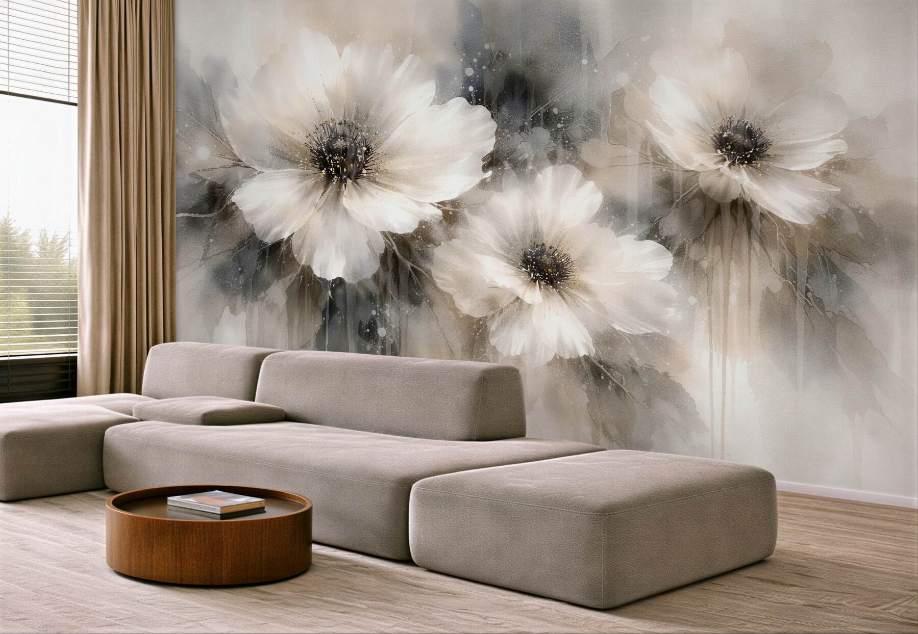 Papier peint élégantes fleurs blanches en sépia