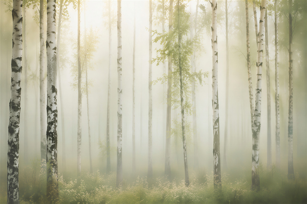 Papier peint forêt de bouleaux dans la brume matinale