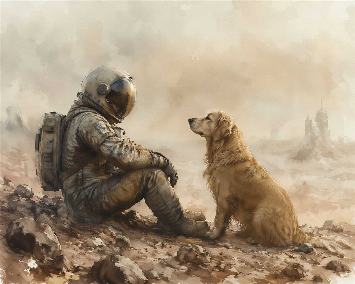 Papier peint astronaute avec un chien dans le silence