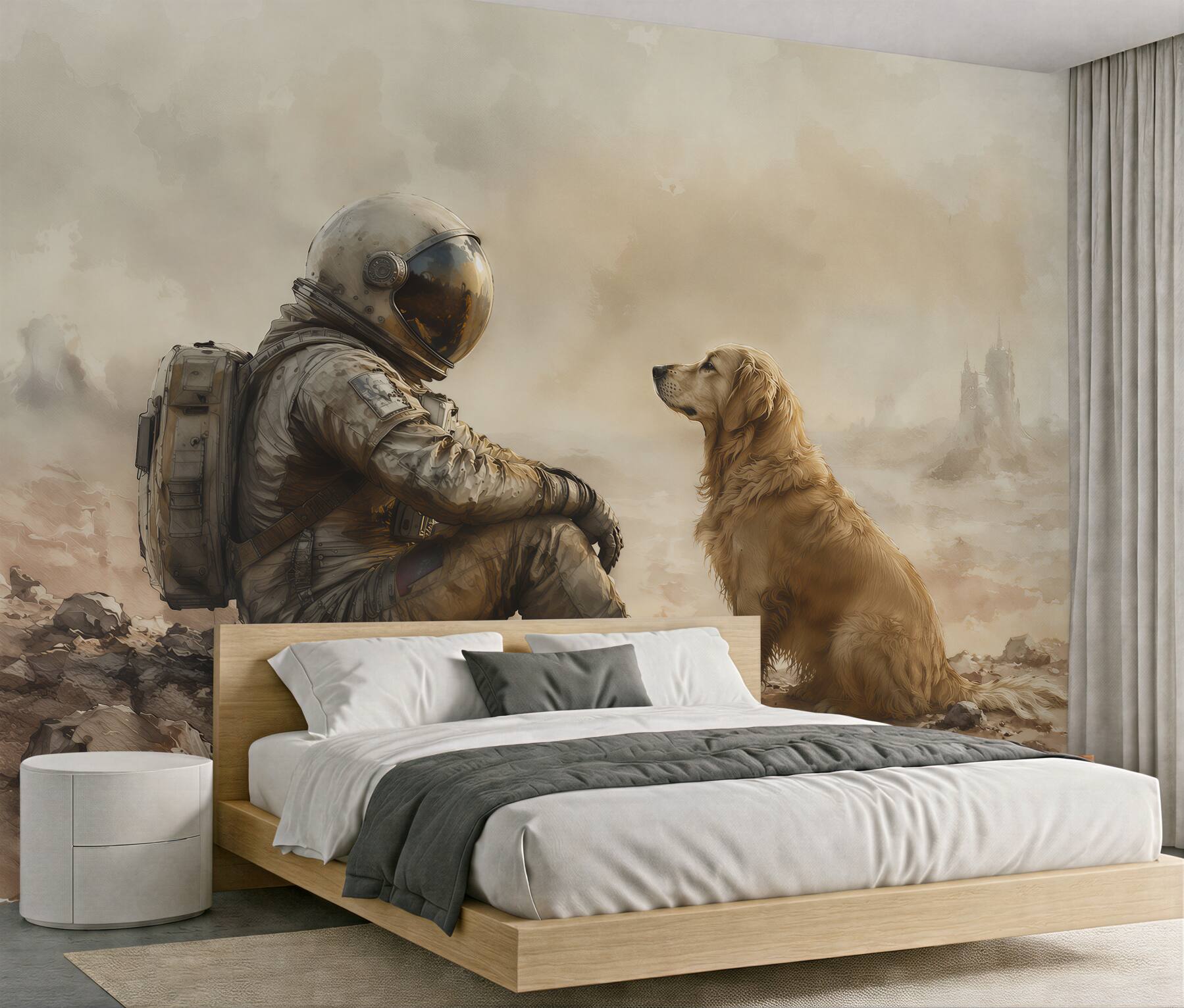 Papier peint astronaute avec un chien dans le silence
