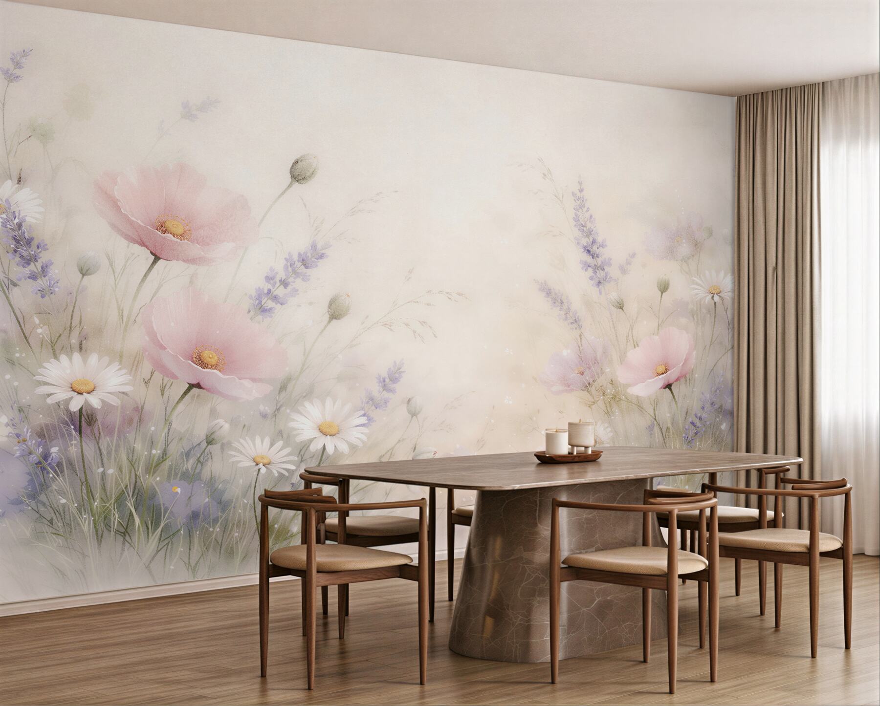 Papier peint prairie pastel avec des coquelicots et de la lavande